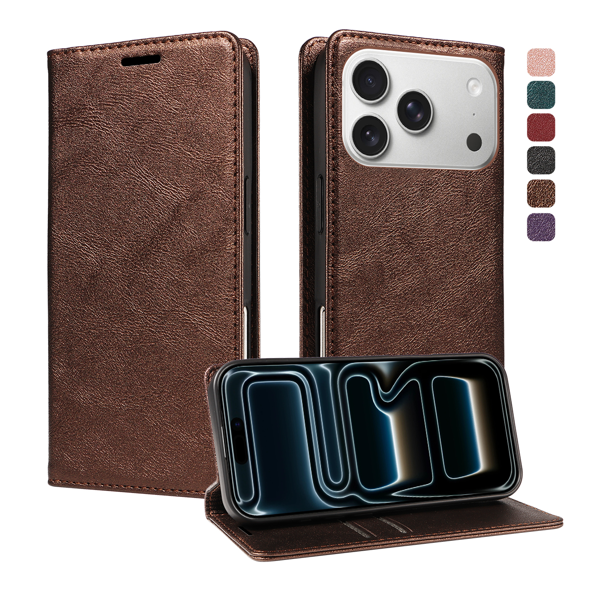 For iPhone 18 Pro / iPhone 17 Pro Wallet Case RFID Blocking Card Slots Stand Magnetic Closure Leather Phone Cover - Brown