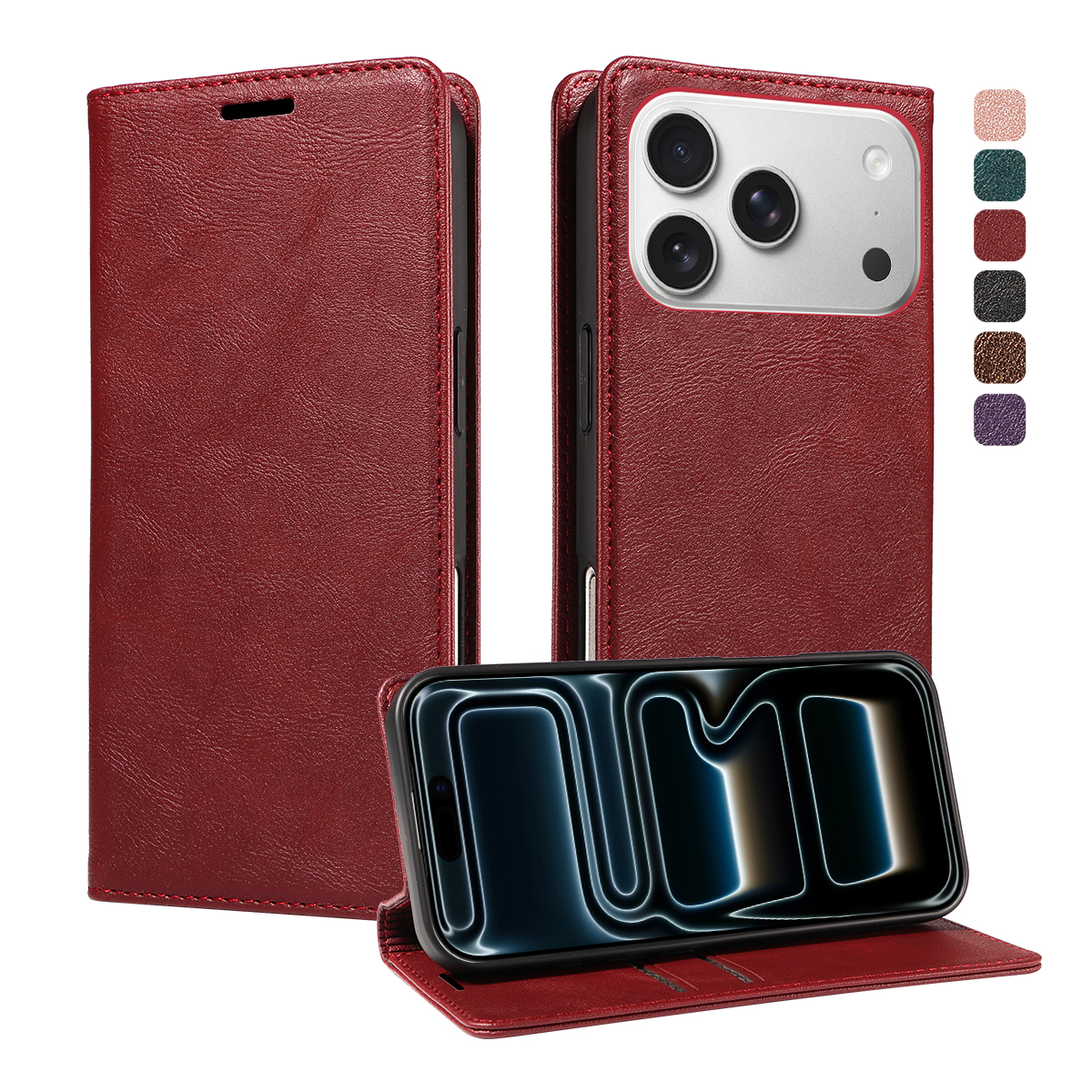 For iPhone 18 Pro / iPhone 17 Pro Wallet Case RFID Blocking Card Slots Stand Magnetic Closure Leather Phone Cover - Wine Red