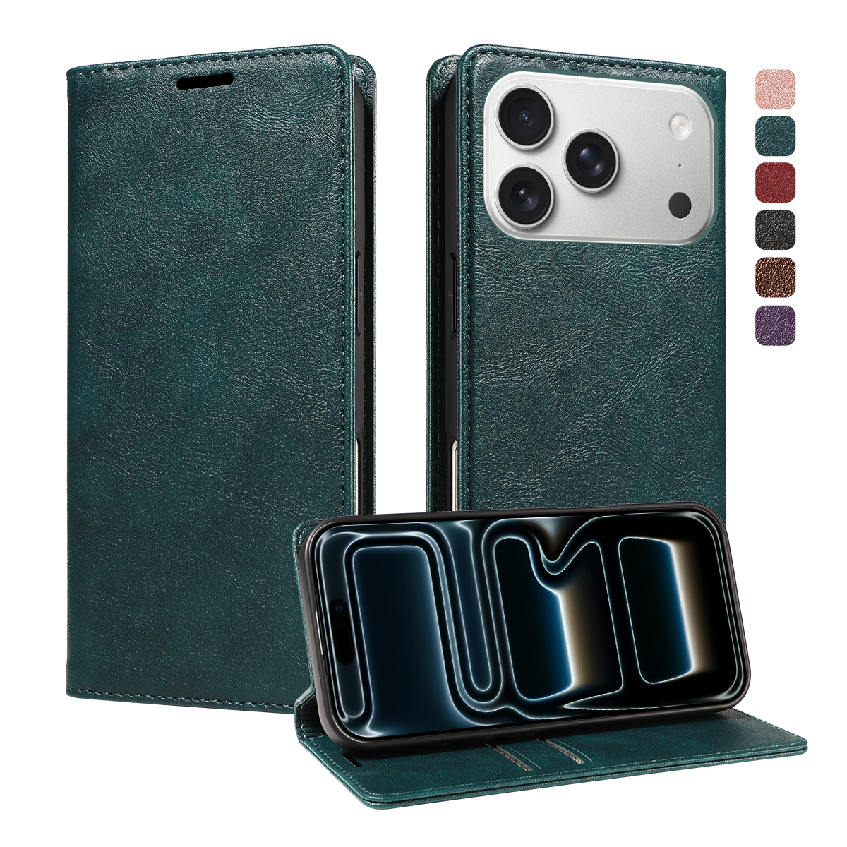 For iPhone 18 Pro / iPhone 17 Pro Wallet Case RFID Blocking Card Slots Stand Magnetic Closure Leather Phone Cover - Green