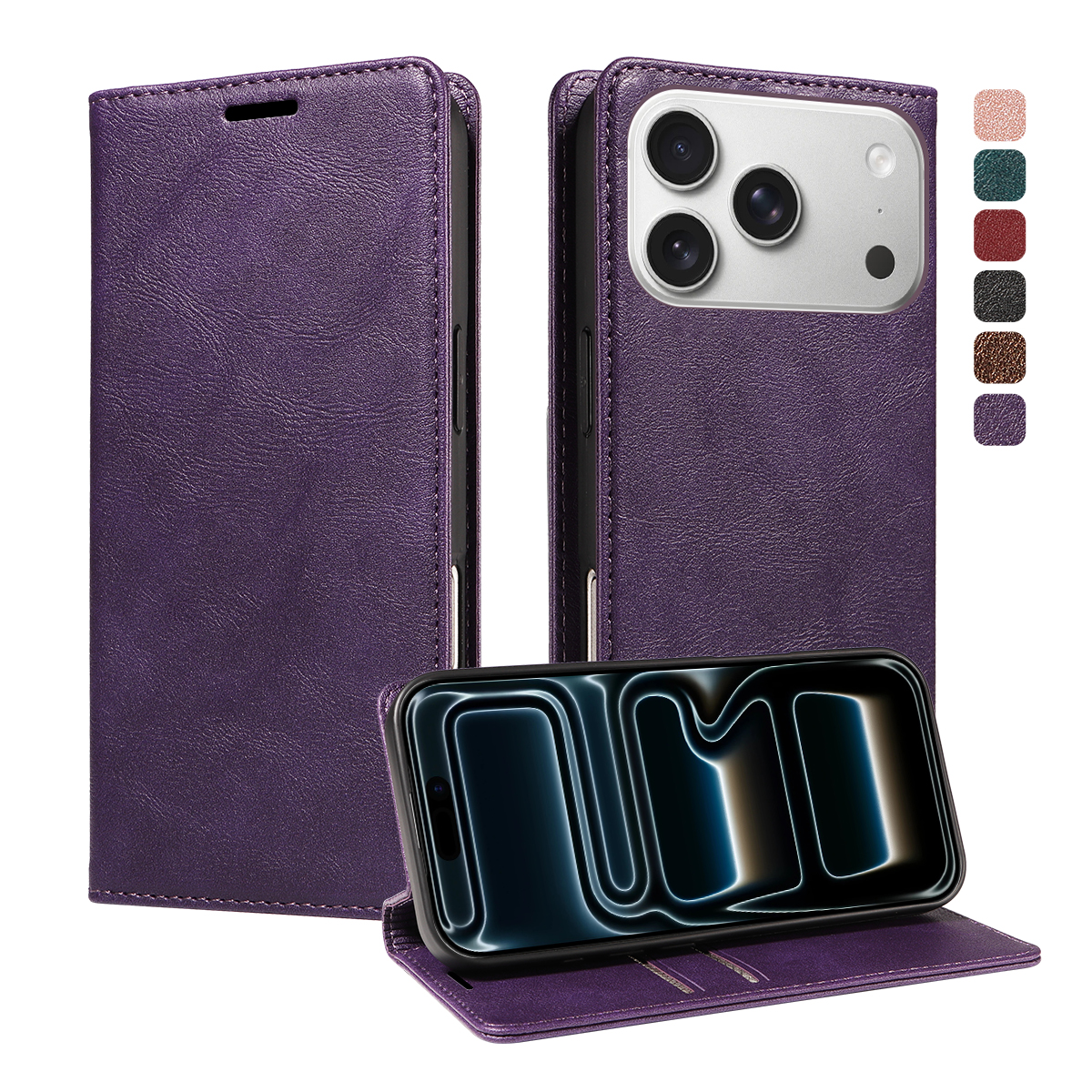 For iPhone 18 Pro / iPhone 17 Pro Wallet Case RFID Blocking Card Slots Stand Magnetic Closure Leather Phone Cover - Purple