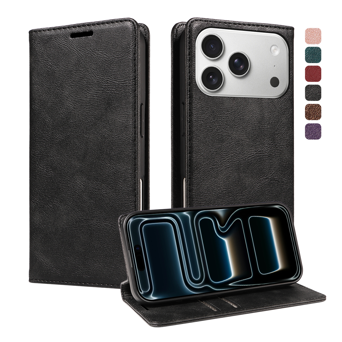 For iPhone 18 Pro / iPhone 17 Pro Wallet Case RFID Blocking Card Slots Stand Magnetic Closure Leather Phone Cover - Black