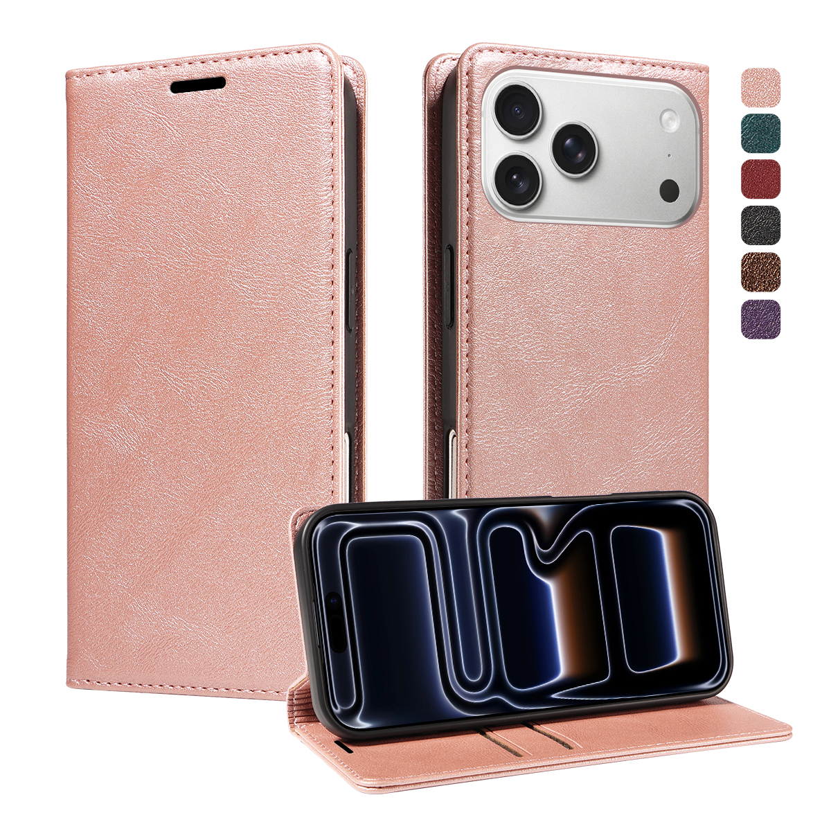 For iPhone 18 Pro Max / iPhone 17 Pro Max Wallet Case RFID Blocking Card Slots Stand Magnetic Closure Leather Phone Cover - Rose Gold