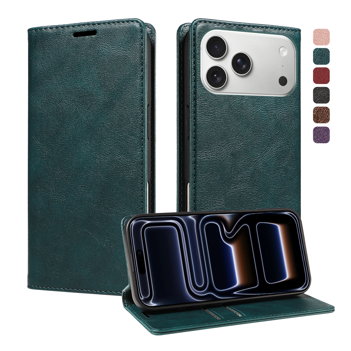 For iPhone 18 Pro Max / iPhone 17 Pro Max Wallet Case RFID Blocking Card Slots Stand Magnetic Closure Leather Phone Cover - Green