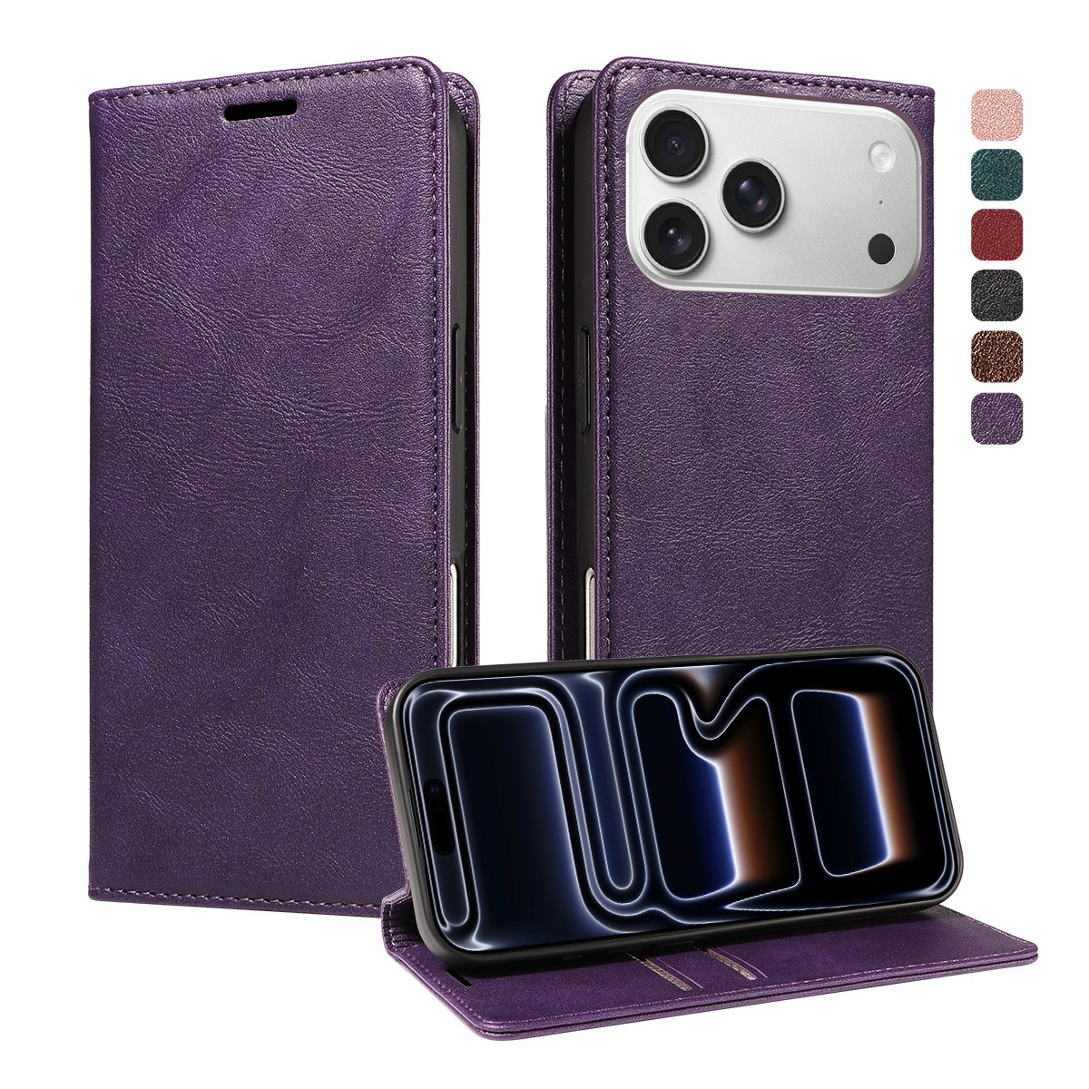 For iPhone 18 Pro Max / iPhone 17 Pro Max Wallet Case RFID Blocking Card Slots Stand Magnetic Closure Leather Phone Cover - Purple