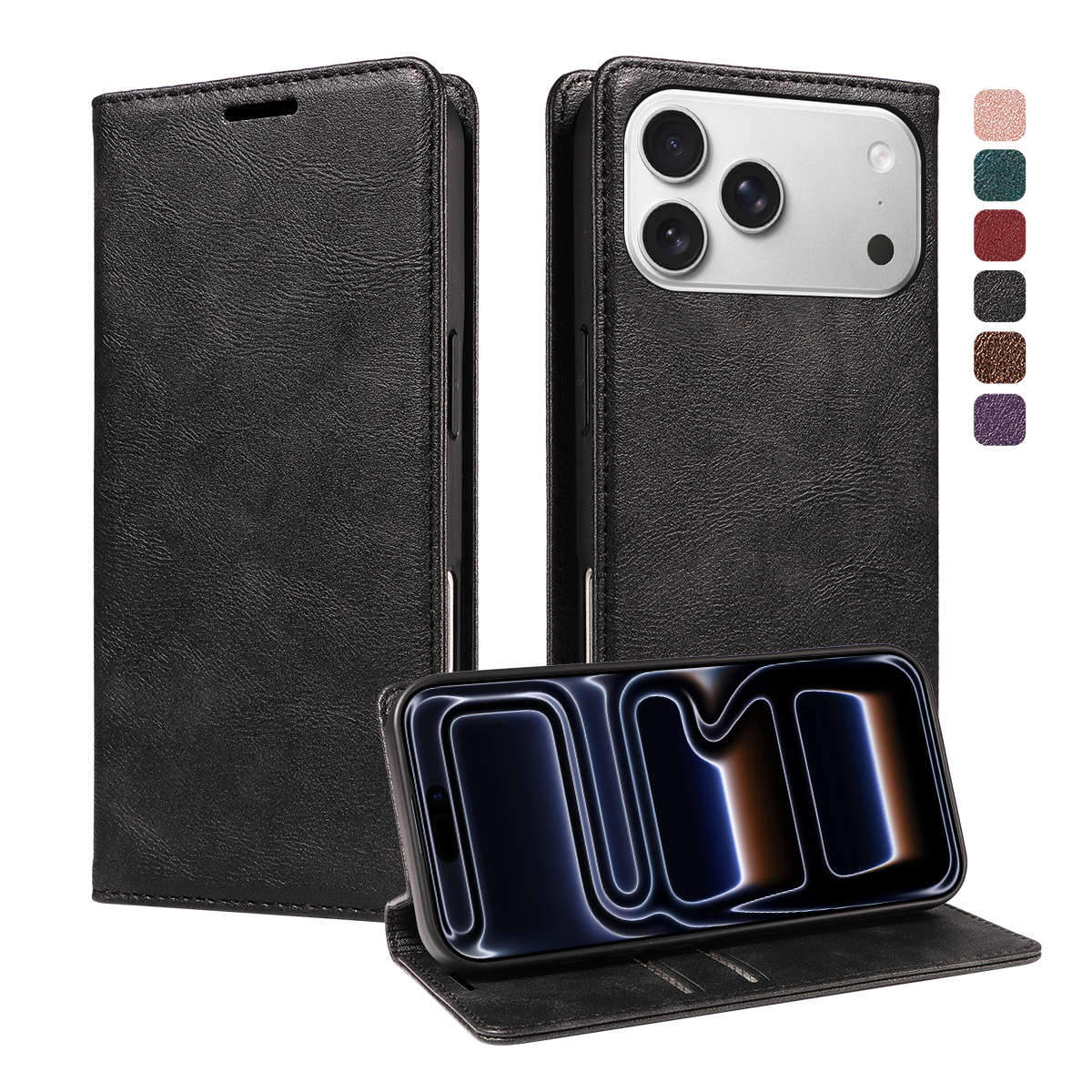 For iPhone 18 Pro Max / iPhone 17 Pro Max Wallet Case RFID Blocking Card Slots Stand Magnetic Closure Leather Phone Cover - Black