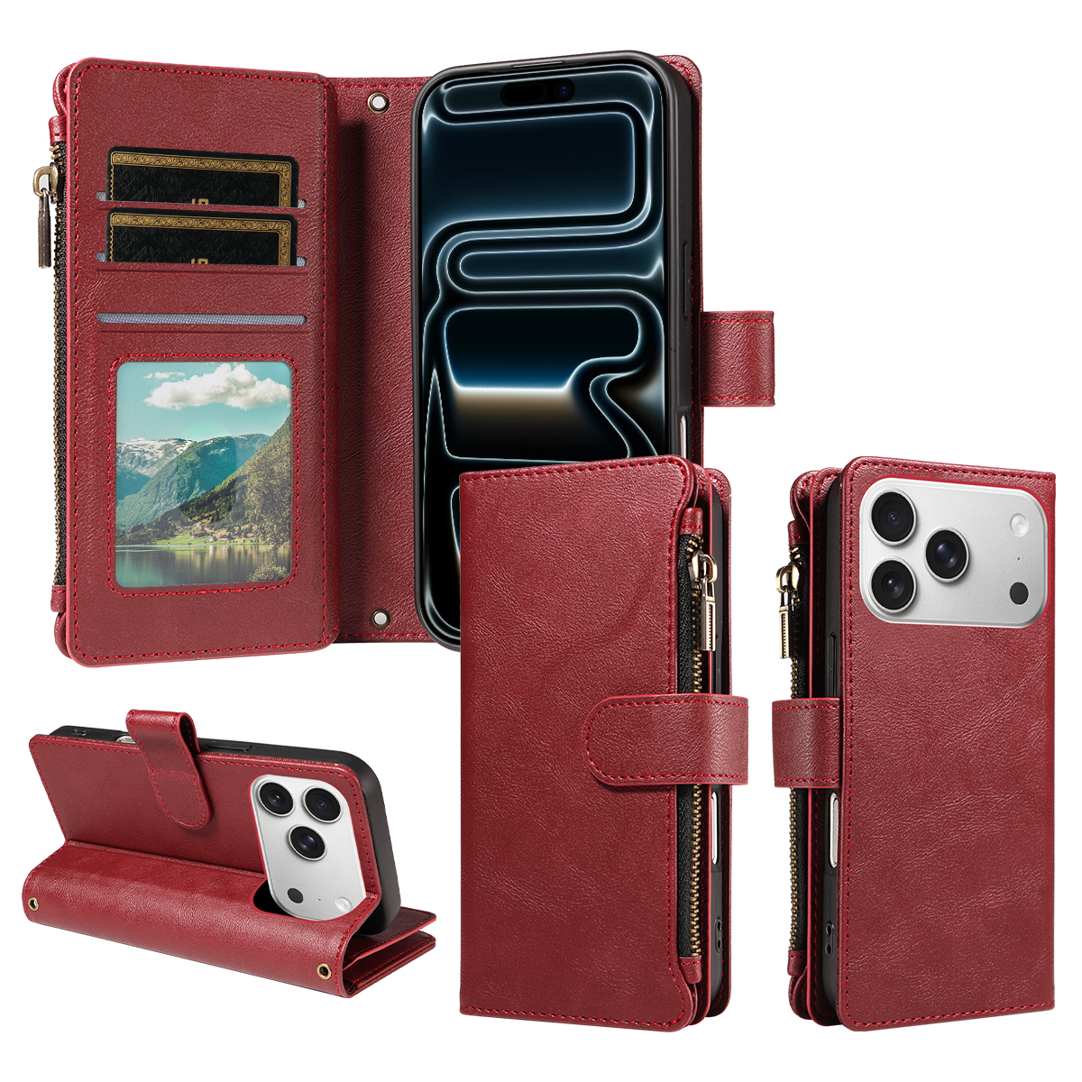 For iPhone 18 Pro / iPhone 17 Pro Leather Case 9 Card Slots Zipper Pocket Phone Cover with Wrist Strap - Wine Red
