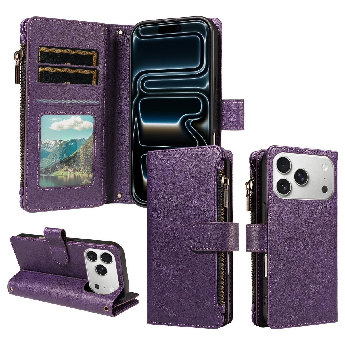 For iPhone 18 Pro / iPhone 17 Pro Leather Case 9 Card Slots Zipper Pocket Phone Cover with Wrist Strap - Purple