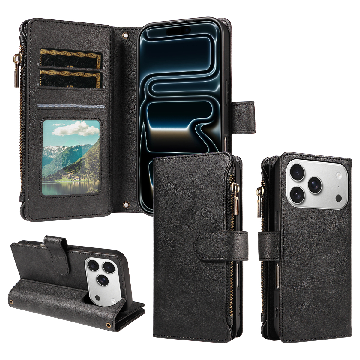 For iPhone 18 Pro / iPhone 17 Pro Leather Case 9 Card Slots Zipper Pocket Phone Cover with Wrist Strap - Black