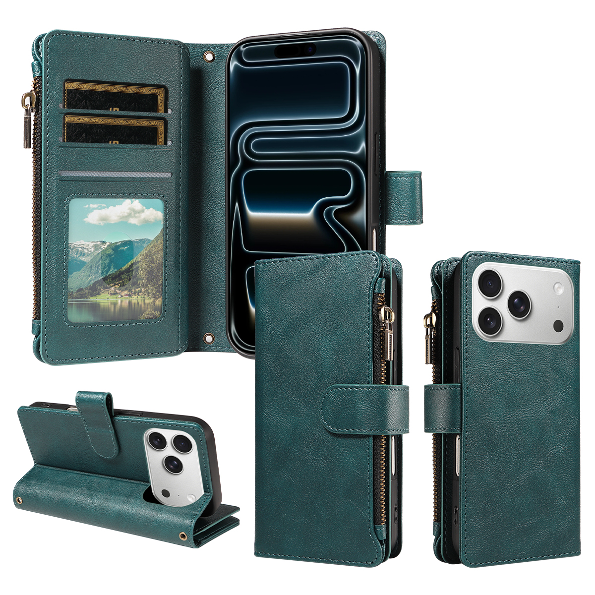 For iPhone 18 Pro / iPhone 17 Pro Leather Case 9 Card Slots Zipper Pocket Phone Cover with Wrist Strap - Green