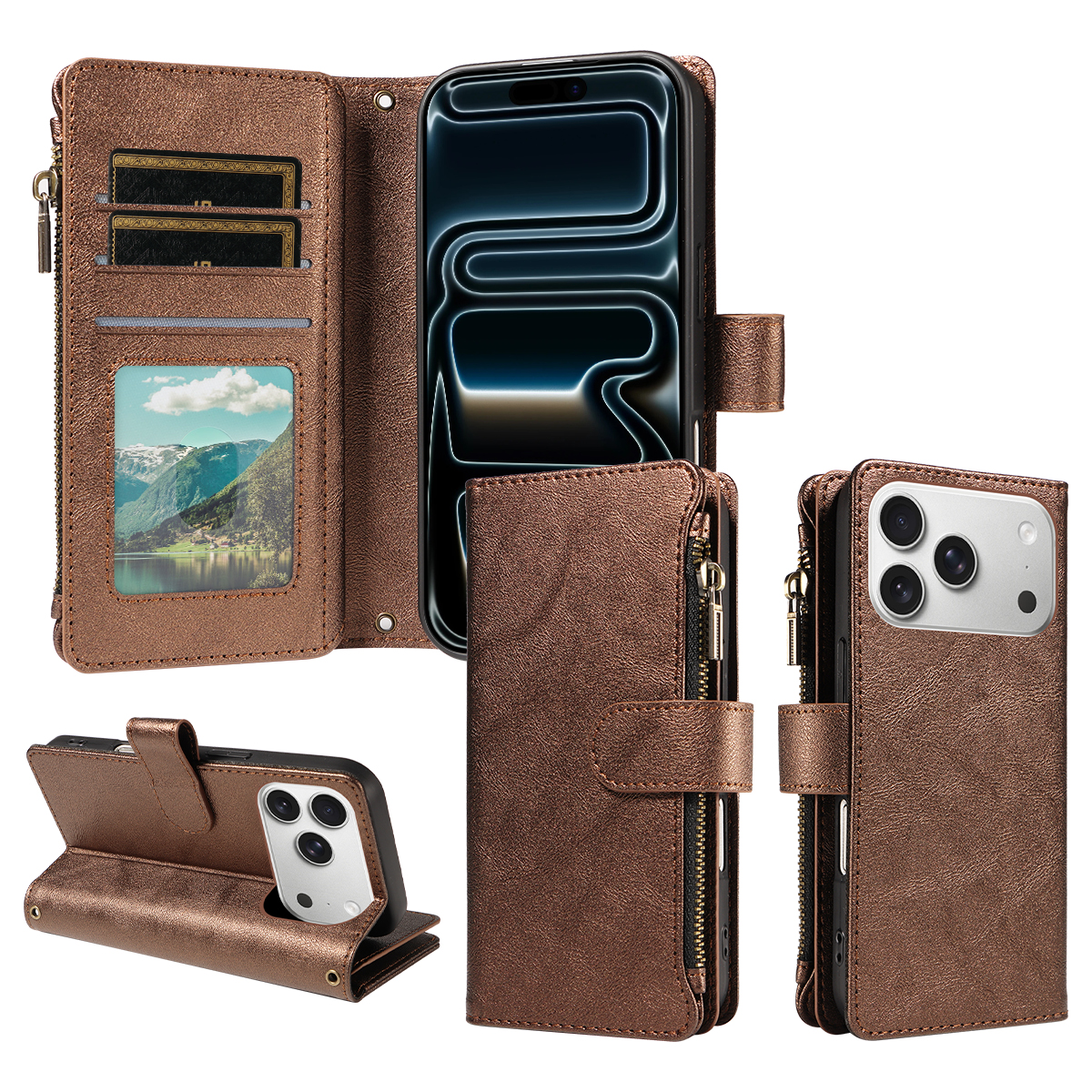 For iPhone 18 Pro / iPhone 17 Pro Leather Case 9 Card Slots Zipper Pocket Phone Cover with Wrist Strap - Brown