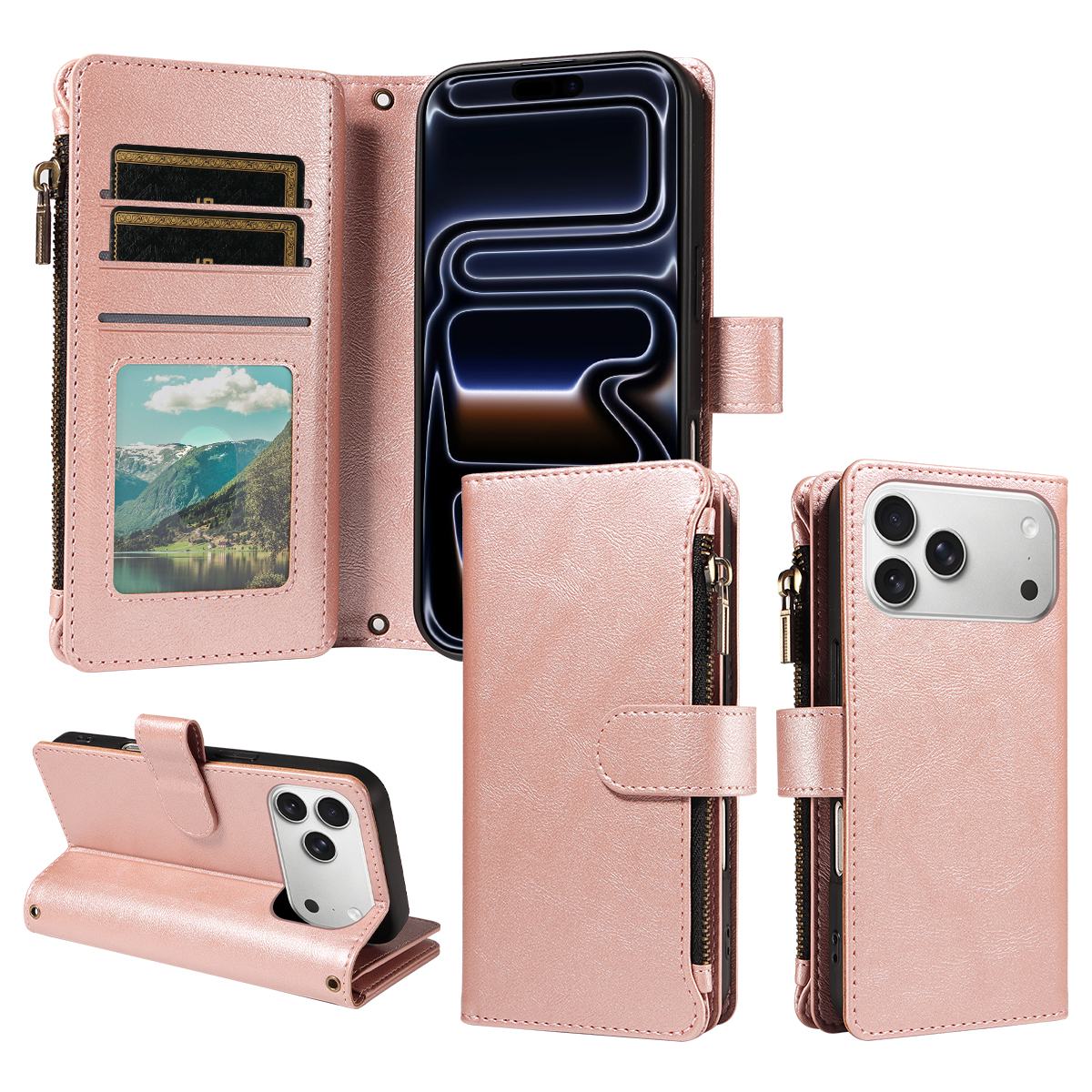For iPhone 18 Pro Max / iPhone 17 Pro Max Leather Case 9 Card Slots Zipper Pocket Phone Cover with Wrist Strap - Rose Gold