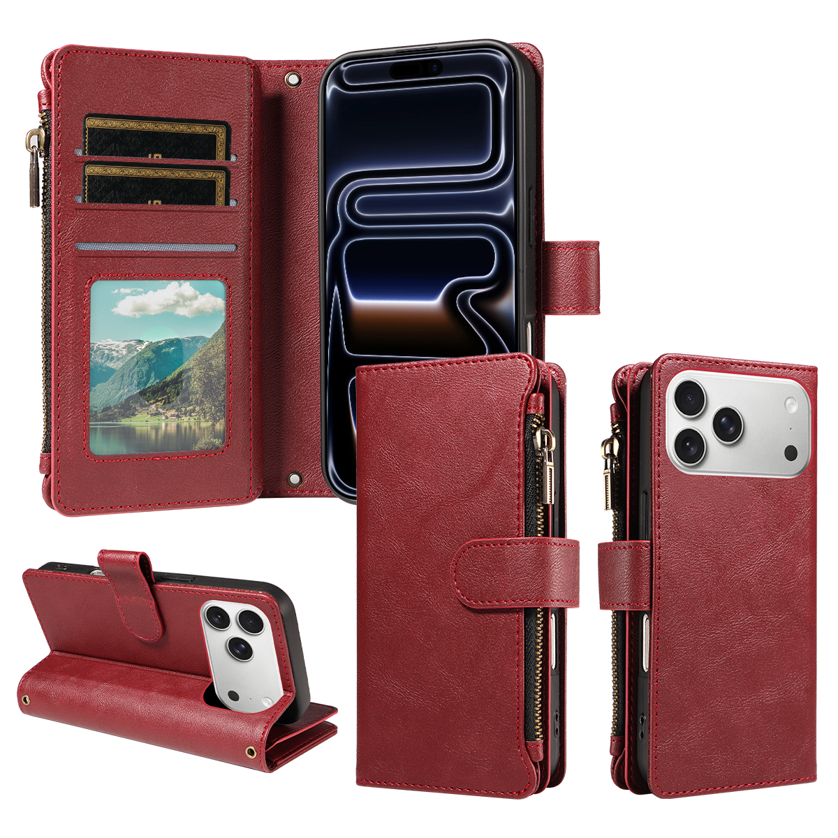 For iPhone 18 Pro Max / iPhone 17 Pro Max Leather Case 9 Card Slots Zipper Pocket Phone Cover with Wrist Strap - Wine Red