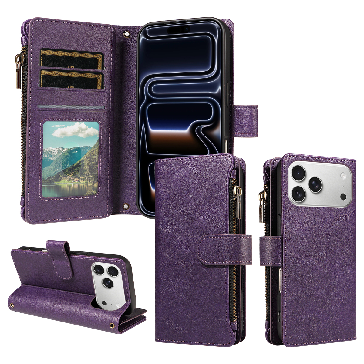 For iPhone 18 Pro Max / iPhone 17 Pro Max Leather Case 9 Card Slots Zipper Pocket Phone Cover with Wrist Strap - Purple