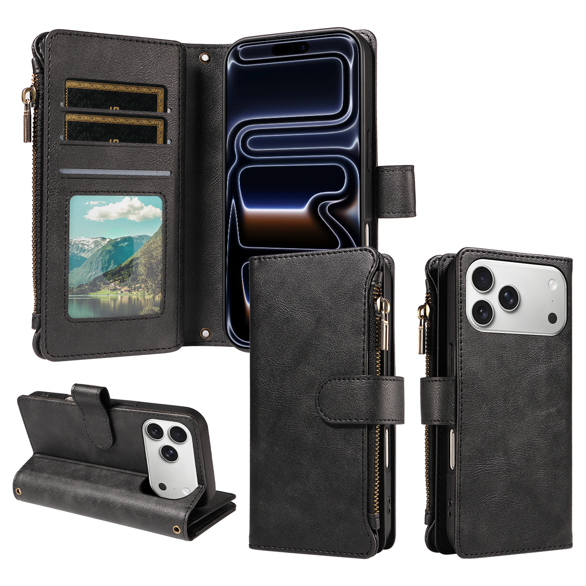 For iPhone 18 Pro Max / iPhone 17 Pro Max Leather Case 9 Card Slots Zipper Pocket Phone Cover with Wrist Strap - Black