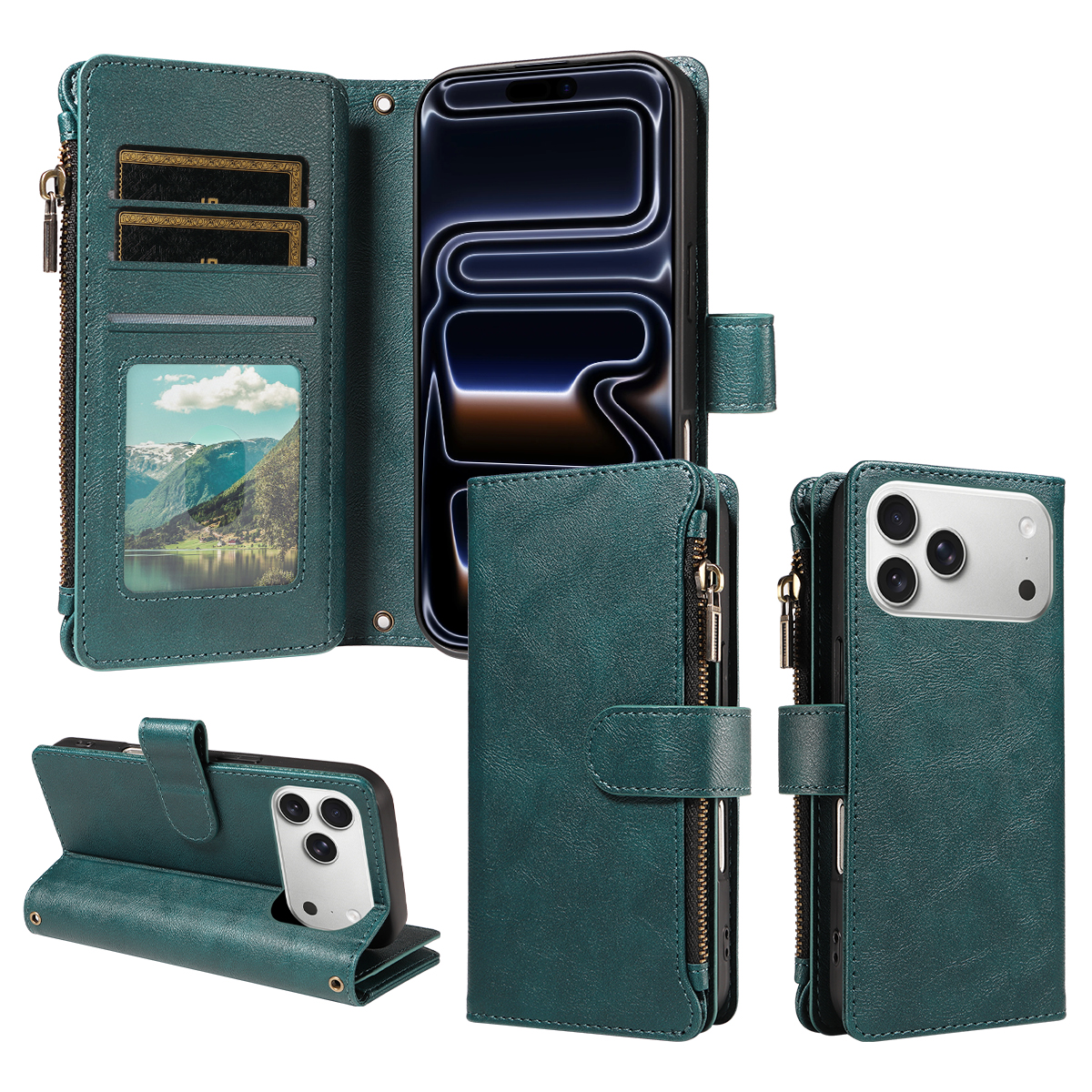 For iPhone 18 Pro Max / iPhone 17 Pro Max Leather Case 9 Card Slots Zipper Pocket Phone Cover with Wrist Strap - Green