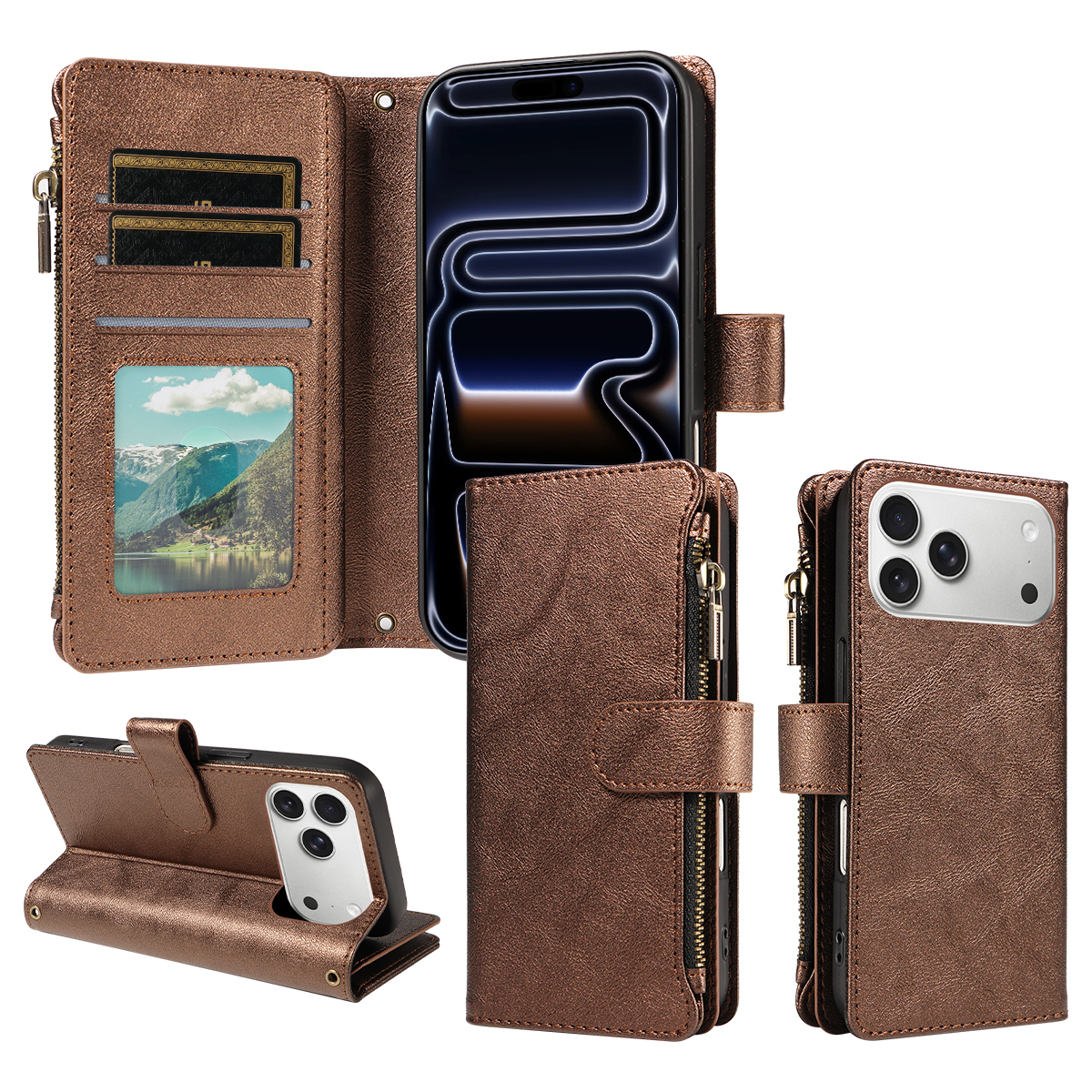 For iPhone 18 Pro Max / iPhone 17 Pro Max Leather Case 9 Card Slots Zipper Pocket Phone Cover with Wrist Strap - Brown