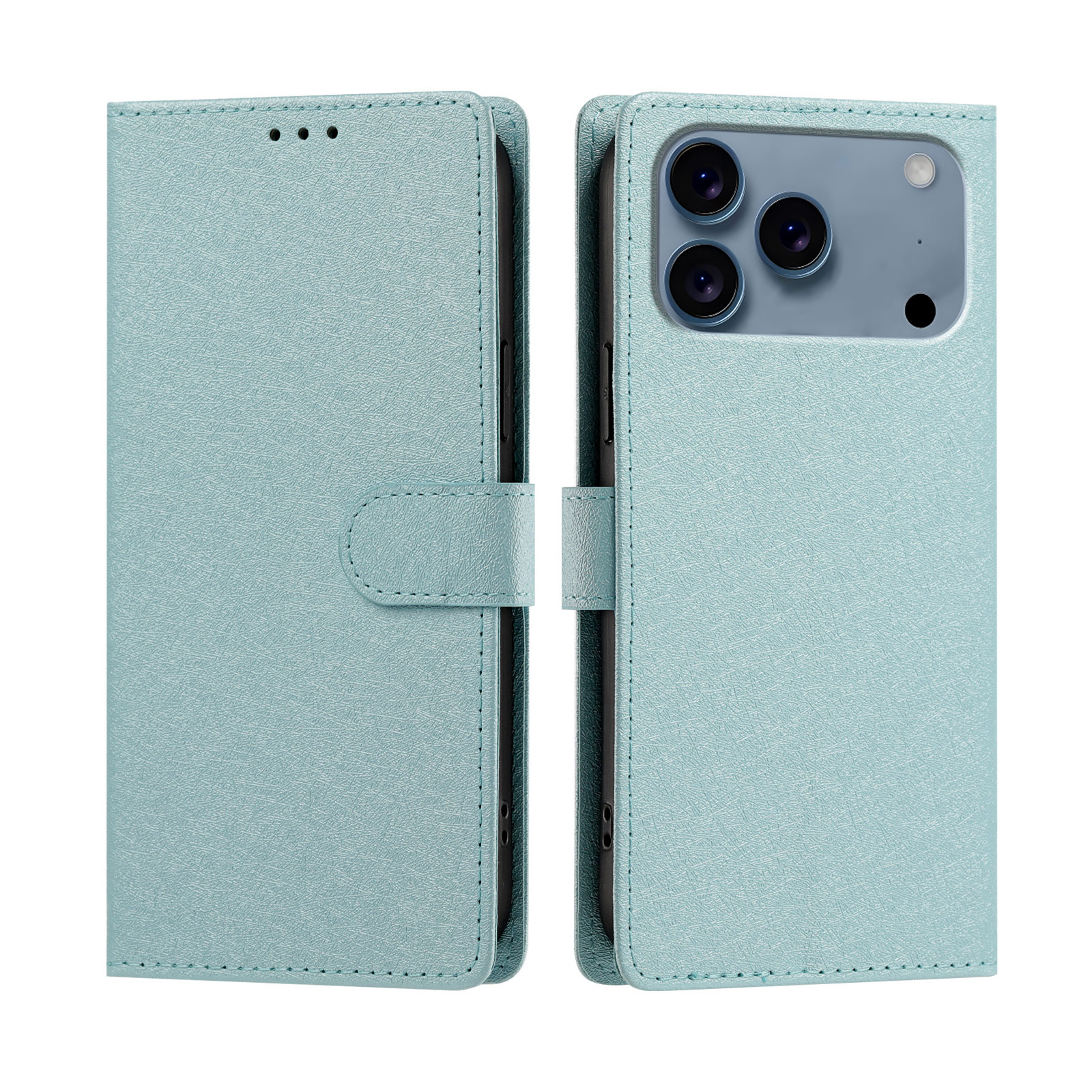 For iPhone 17 Pro / iPhone 18 Pro Case Silk Texture PU Leather Wallet Flip Stand Phone Cover with Wrist Strap - Mint Green