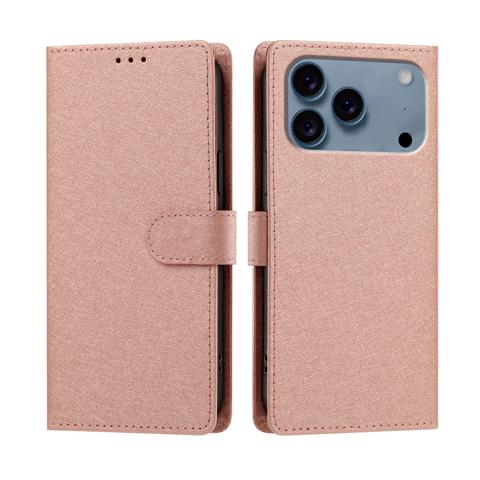 For iPhone 17 Pro / iPhone 18 Pro Case Silk Texture PU Leather Wallet Flip Stand Phone Cover with Wrist Strap - Pink