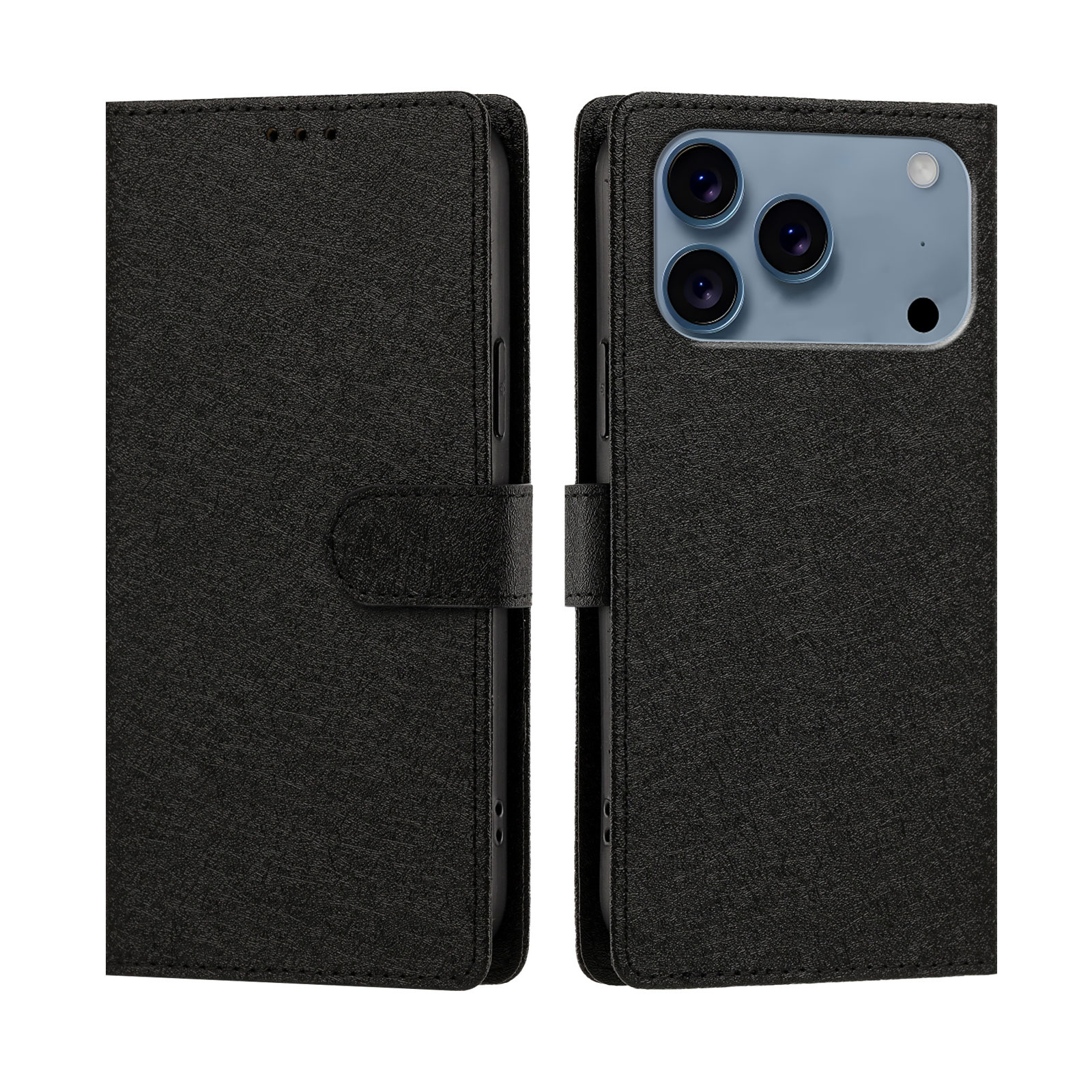 For iPhone 17 Pro / iPhone 18 Pro Case Silk Texture PU Leather Wallet Flip Stand Phone Cover with Wrist Strap - Black