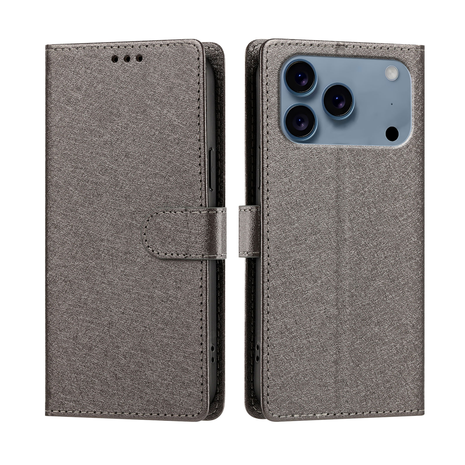 For iPhone 17 Pro / iPhone 18 Pro Case Silk Texture PU Leather Wallet Flip Stand Phone Cover with Wrist Strap - Grey