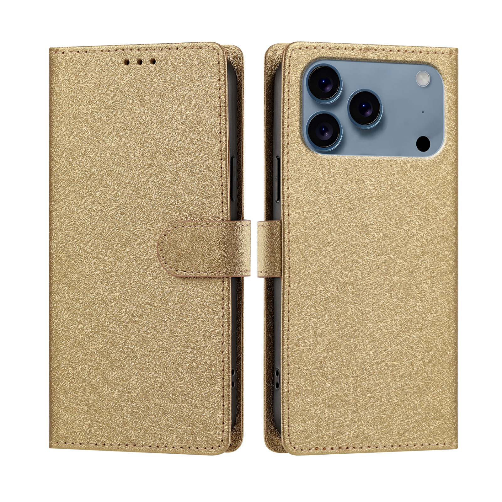 For iPhone 17 Pro / iPhone 18 Pro Case Silk Texture PU Leather Wallet Flip Stand Phone Cover with Wrist Strap - Gold