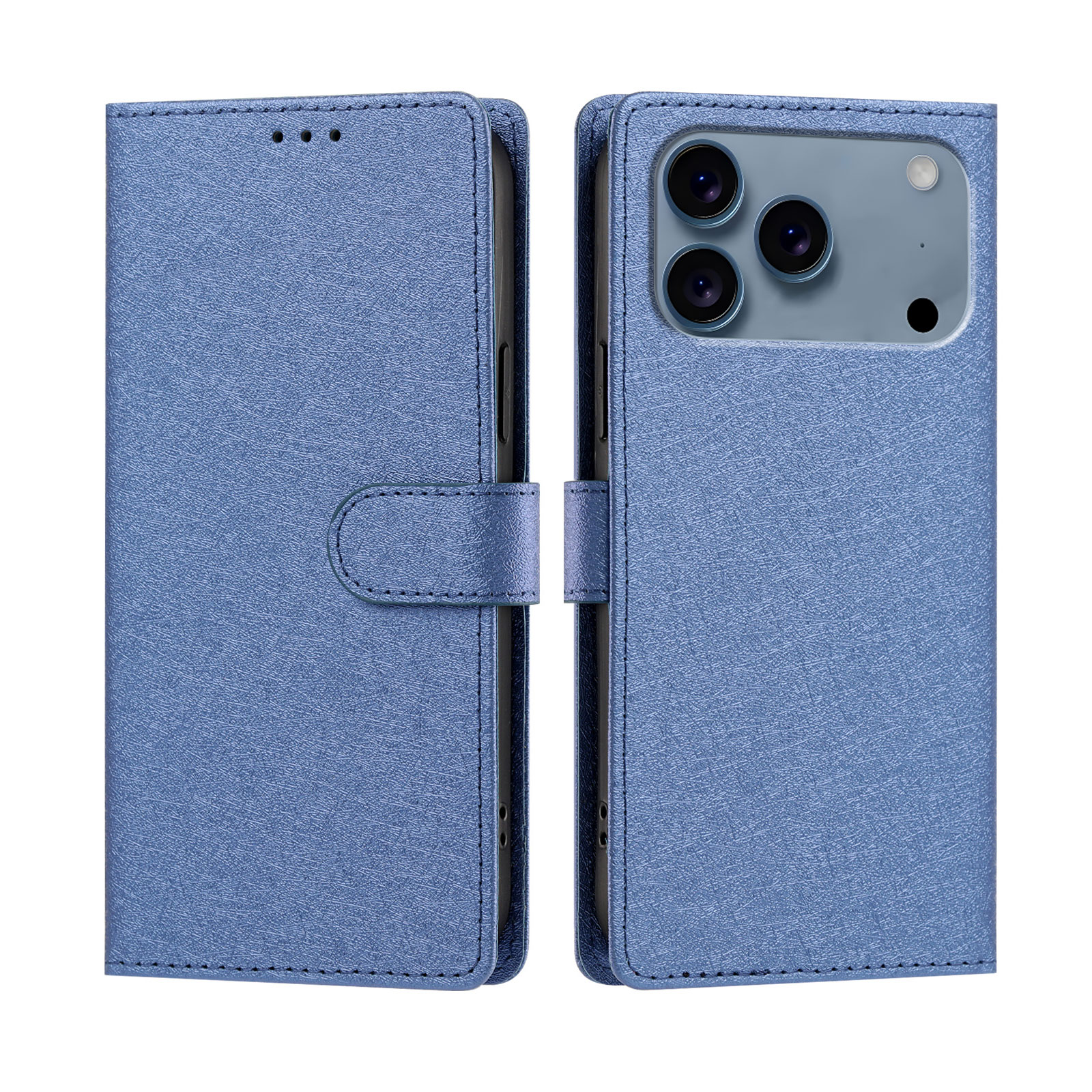 For iPhone 17 Pro / iPhone 18 Pro Case Silk Texture PU Leather Wallet Flip Stand Phone Cover with Wrist Strap - Blue