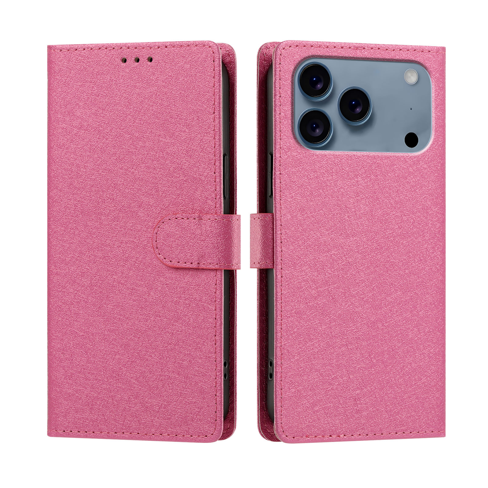 For iPhone 17 Pro / iPhone 18 Pro Case Silk Texture PU Leather Wallet Flip Stand Phone Cover with Wrist Strap - Rose