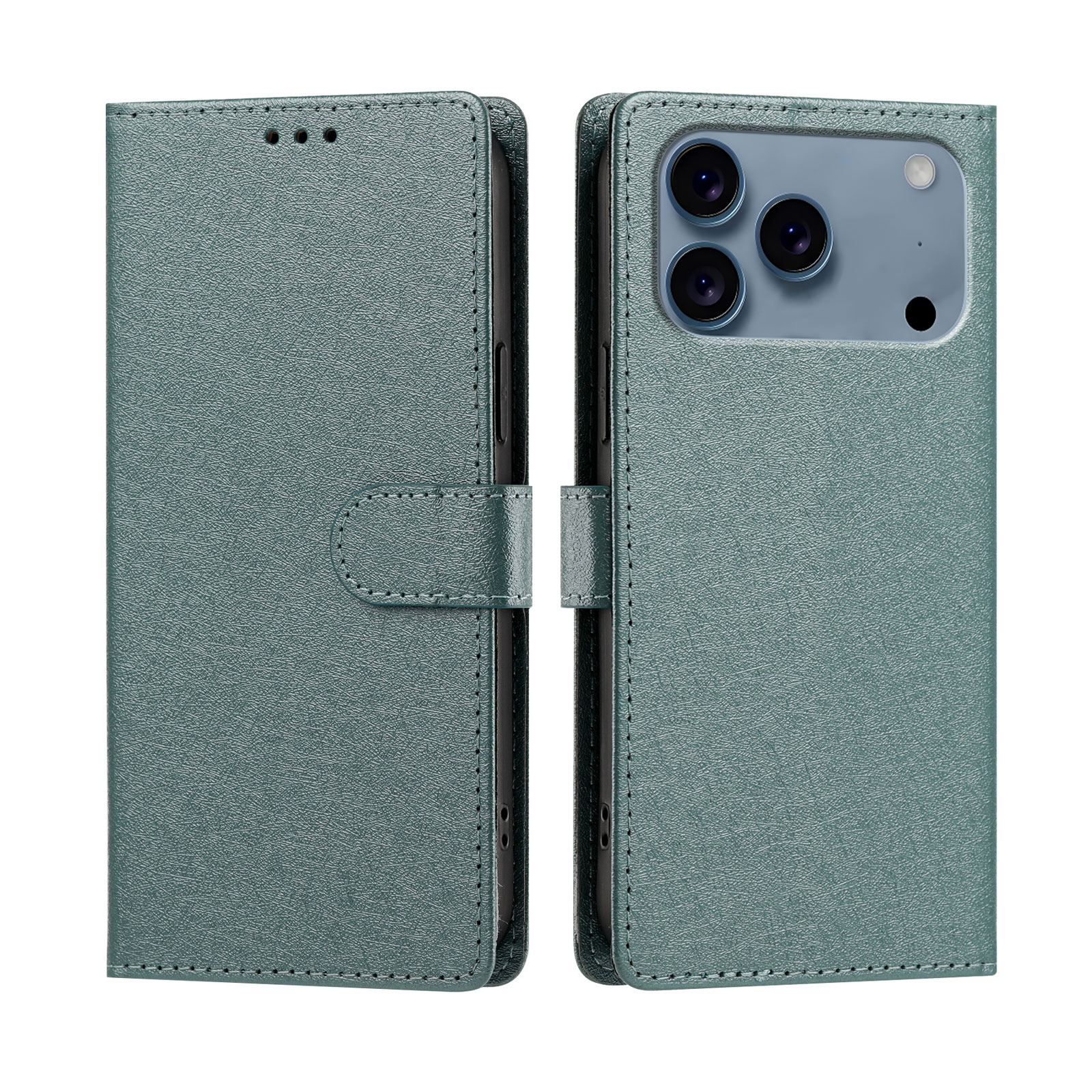 For iPhone 17 Pro / iPhone 18 Pro Case Silk Texture PU Leather Wallet Flip Stand Phone Cover with Wrist Strap - Blackish Green