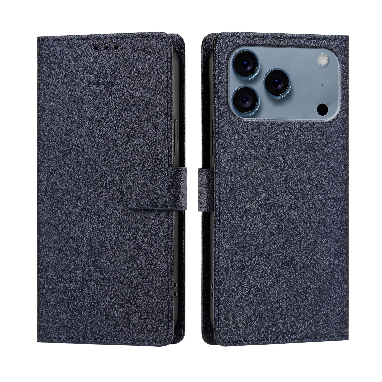 For iPhone 17 Pro / iPhone 18 Pro Case Silk Texture PU Leather Wallet Flip Stand Phone Cover with Wrist Strap - Dark Blue
