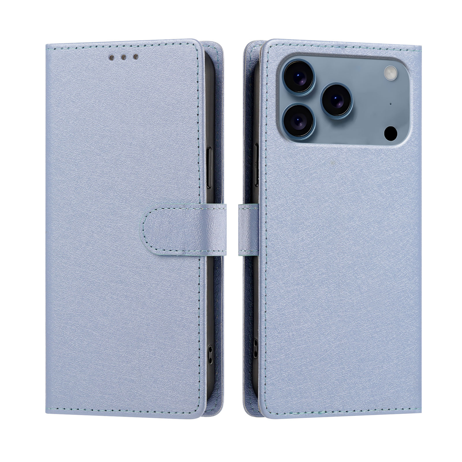 For iPhone 17 Pro / iPhone 18 Pro Case Silk Texture PU Leather Wallet Flip Stand Phone Cover with Wrist Strap - Sky Blue