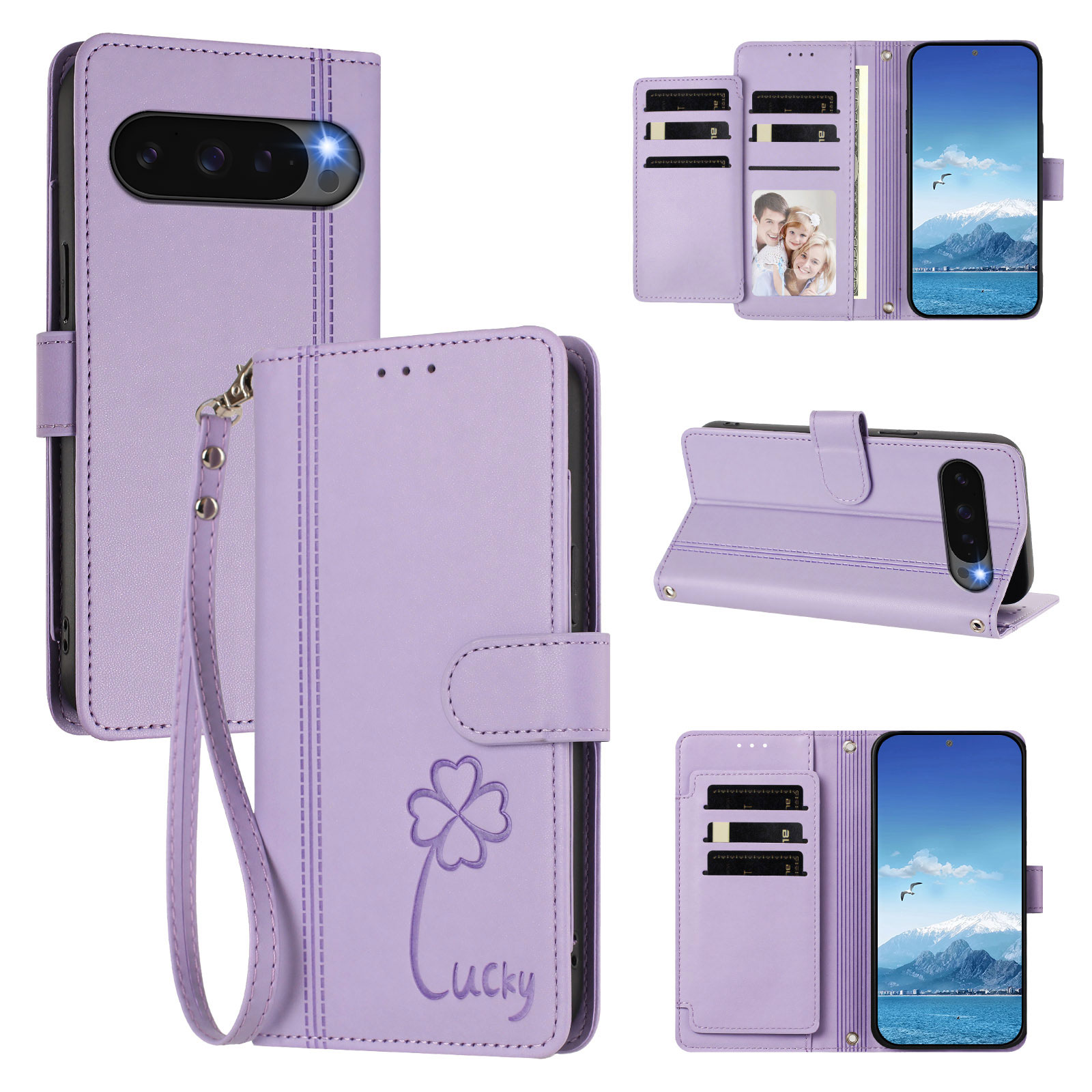 For Google Pixel 10 / Google Pixel 9 / Google Pixel 9 Pro / Google Pixel 10 Pro Wallet Case 9 Card Slots Lucky Clover Imprint Leather Phone Cover with Wrist Strap - Light Purple