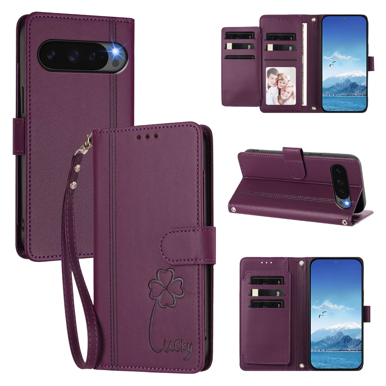 For Google Pixel 10 / Google Pixel 9 / Google Pixel 9 Pro / Google Pixel 10 Pro Wallet Case 9 Card Slots Lucky Clover Imprint Leather Phone Cover with Wrist Strap - Violet