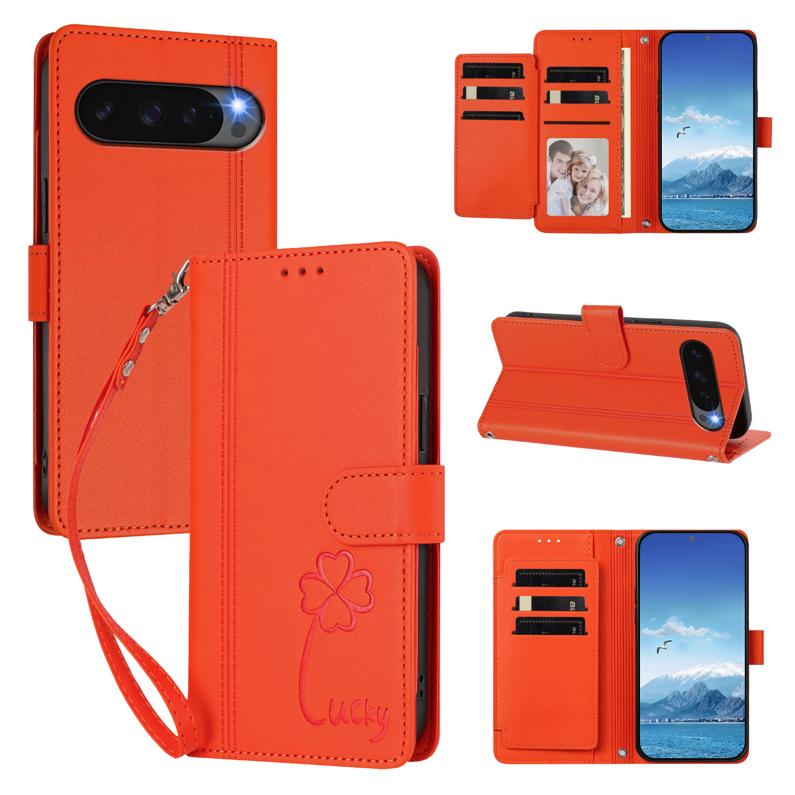 For Google Pixel 10 / Google Pixel 9 / Google Pixel 9 Pro / Google Pixel 10 Pro Wallet Case 9 Card Slots Lucky Clover Imprint Leather Phone Cover with Wrist Strap -  Orange