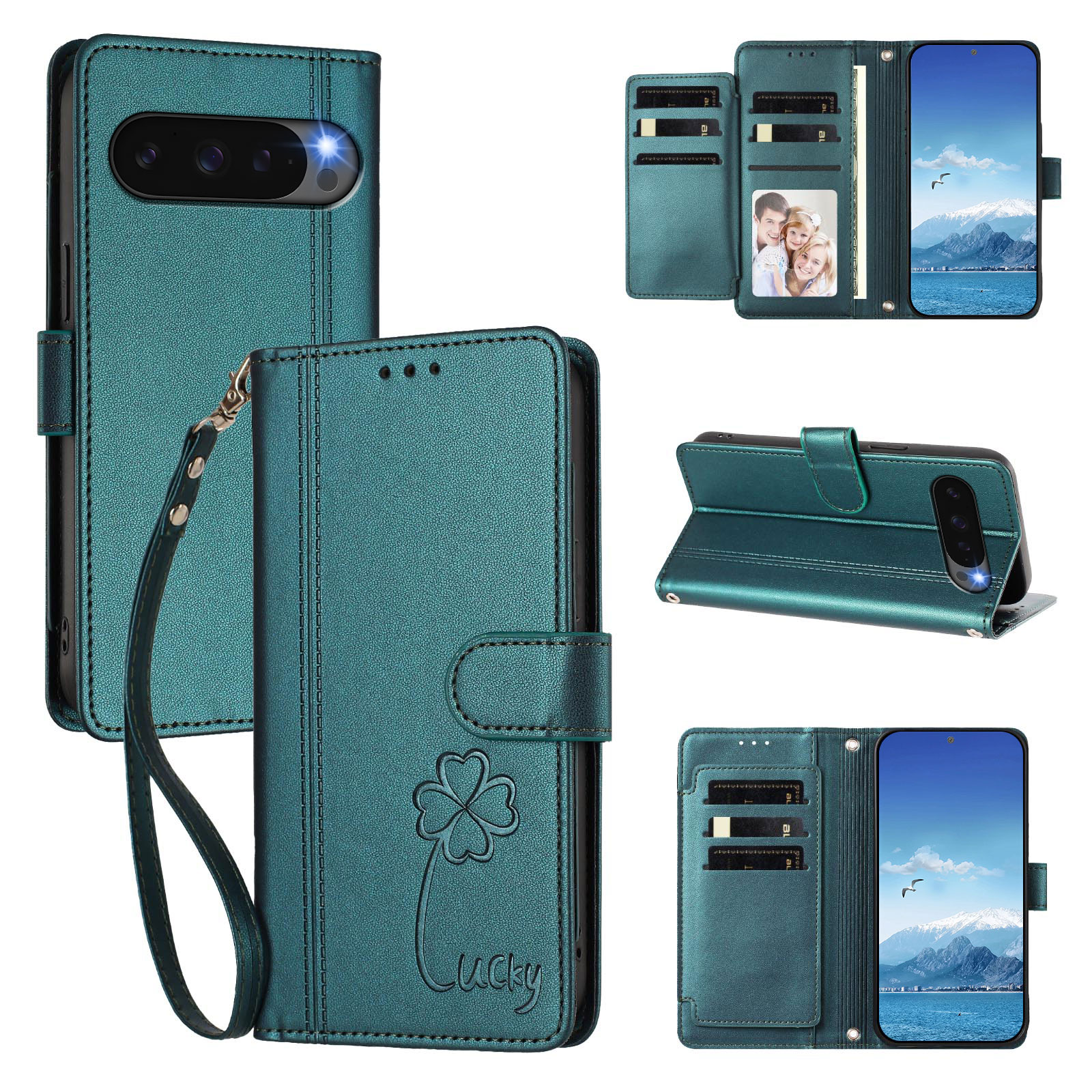 For Google Pixel 10 / Google Pixel 9 / Google Pixel 9 Pro / Google Pixel 10 Pro Wallet Case 9 Card Slots Lucky Clover Imprint Leather Phone Cover with Wrist Strap - Dark Green