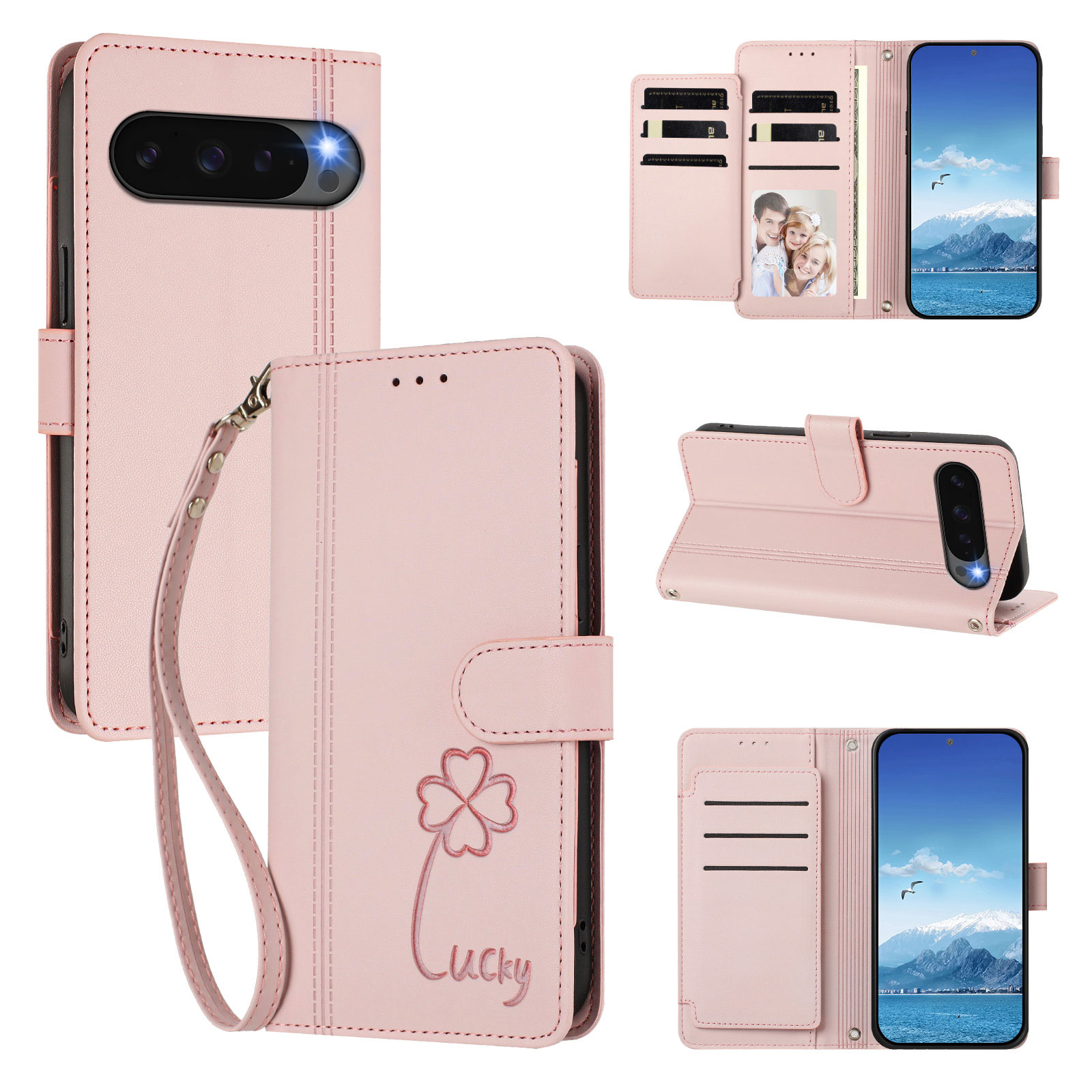 For Google Pixel 10 / Google Pixel 9 / Google Pixel 9 Pro / Google Pixel 10 Pro Wallet Case 9 Card Slots Lucky Clover Imprint Leather Phone Cover with Wrist Strap - Pink