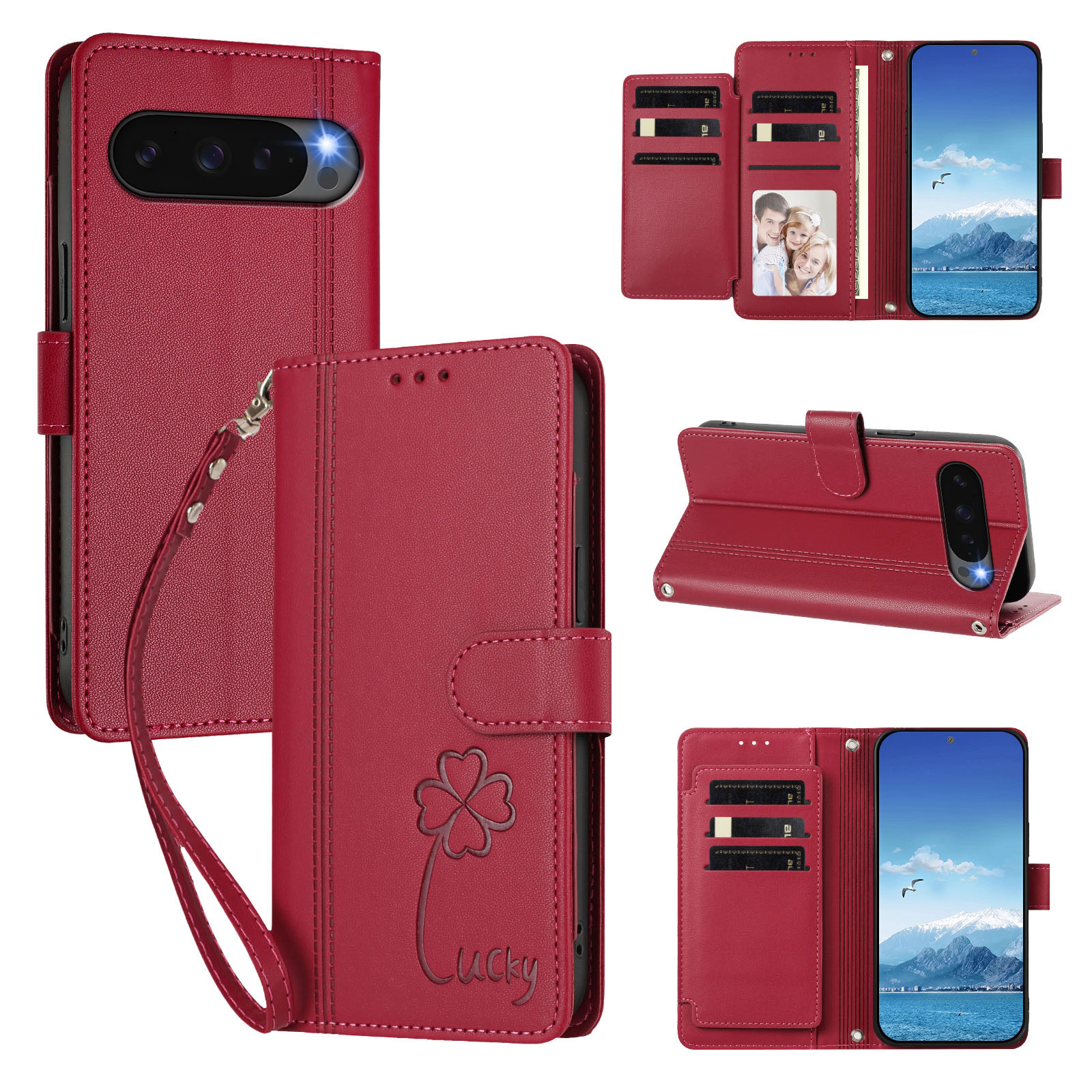 For Google Pixel 10 / Google Pixel 9 / Google Pixel 9 Pro / Google Pixel 10 Pro Wallet Case 9 Card Slots Lucky Clover Imprint Leather Phone Cover with Wrist Strap - Red