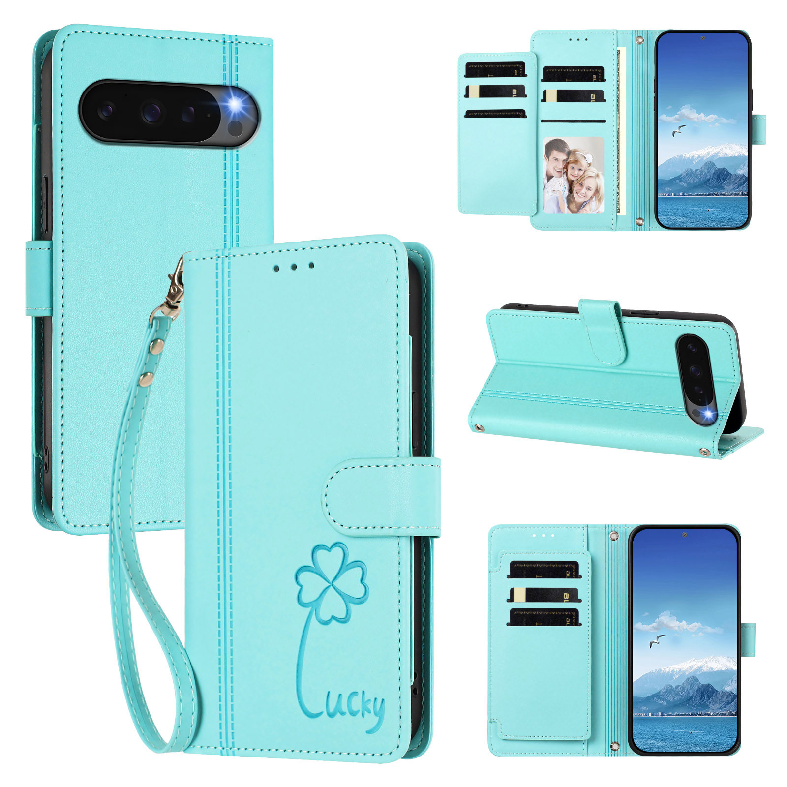 For Google Pixel 10 / Google Pixel 9 / Google Pixel 9 Pro / Google Pixel 10 Pro Wallet Case 9 Card Slots Lucky Clover Imprint Leather Phone Cover with Wrist Strap - Mint Green