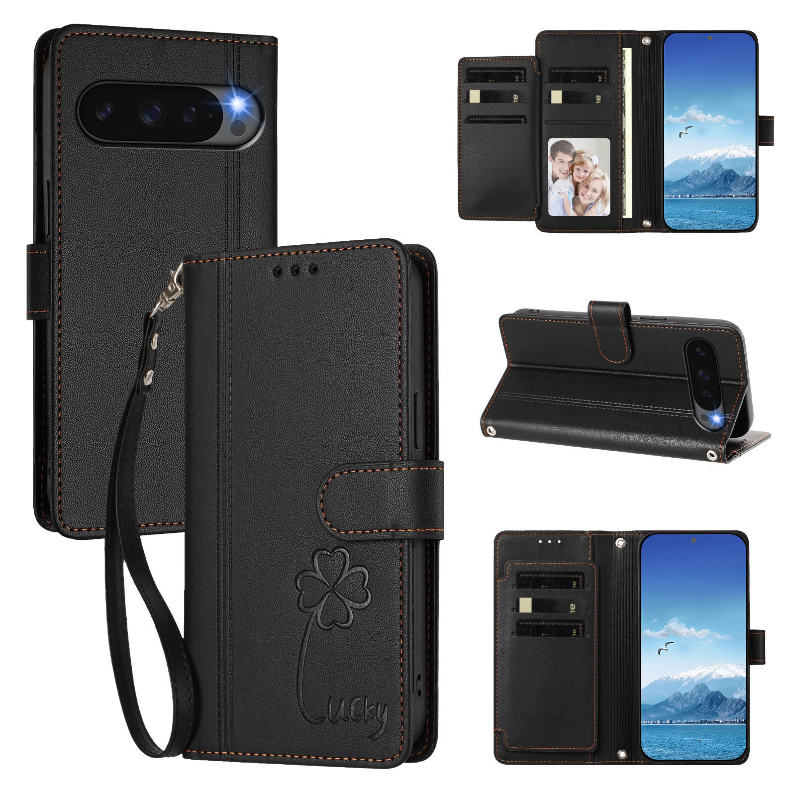 For Google Pixel 10 / Google Pixel 9 / Google Pixel 9 Pro / Google Pixel 10 Pro Wallet Case 9 Card Slots Lucky Clover Imprint Leather Phone Cover with Wrist Strap - Black