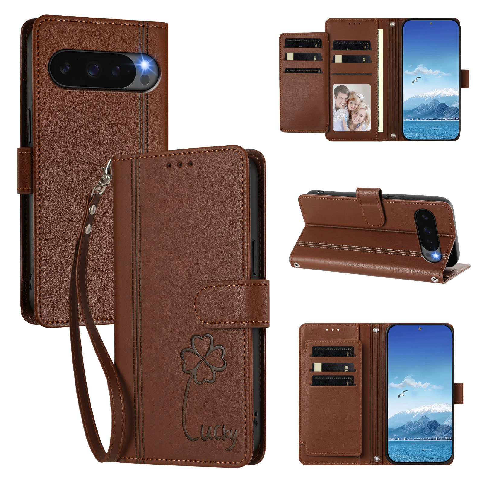 For Google Pixel 10 / Google Pixel 9 / Google Pixel 9 Pro / Google Pixel 10 Pro Wallet Case 9 Card Slots Lucky Clover Imprint Leather Phone Cover with Wrist Strap - Brown