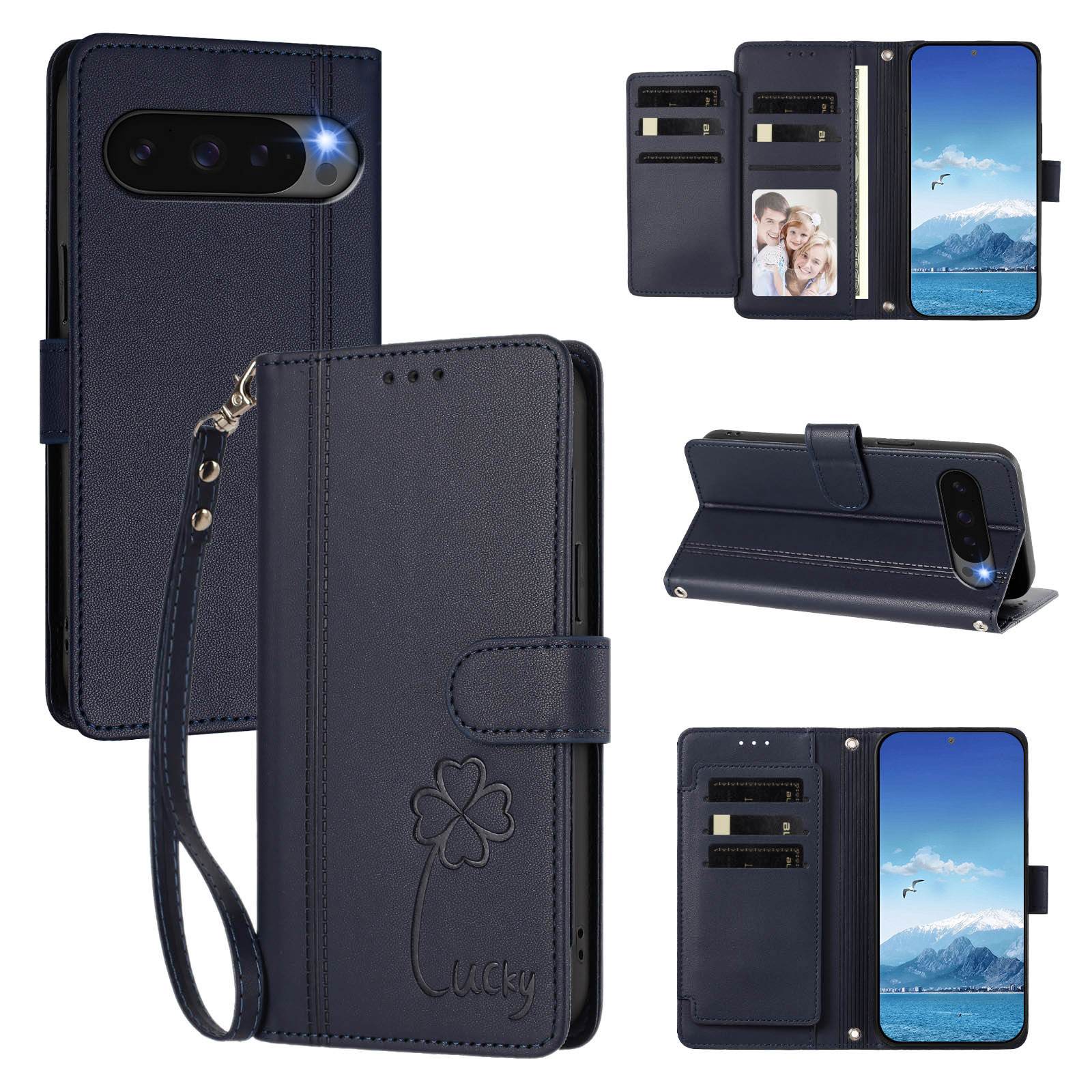 For Google Pixel 10 / Google Pixel 9 / Google Pixel 9 Pro / Google Pixel 10 Pro Wallet Case 9 Card Slots Lucky Clover Imprint Leather Phone Cover with Wrist Strap - Dark Blue
