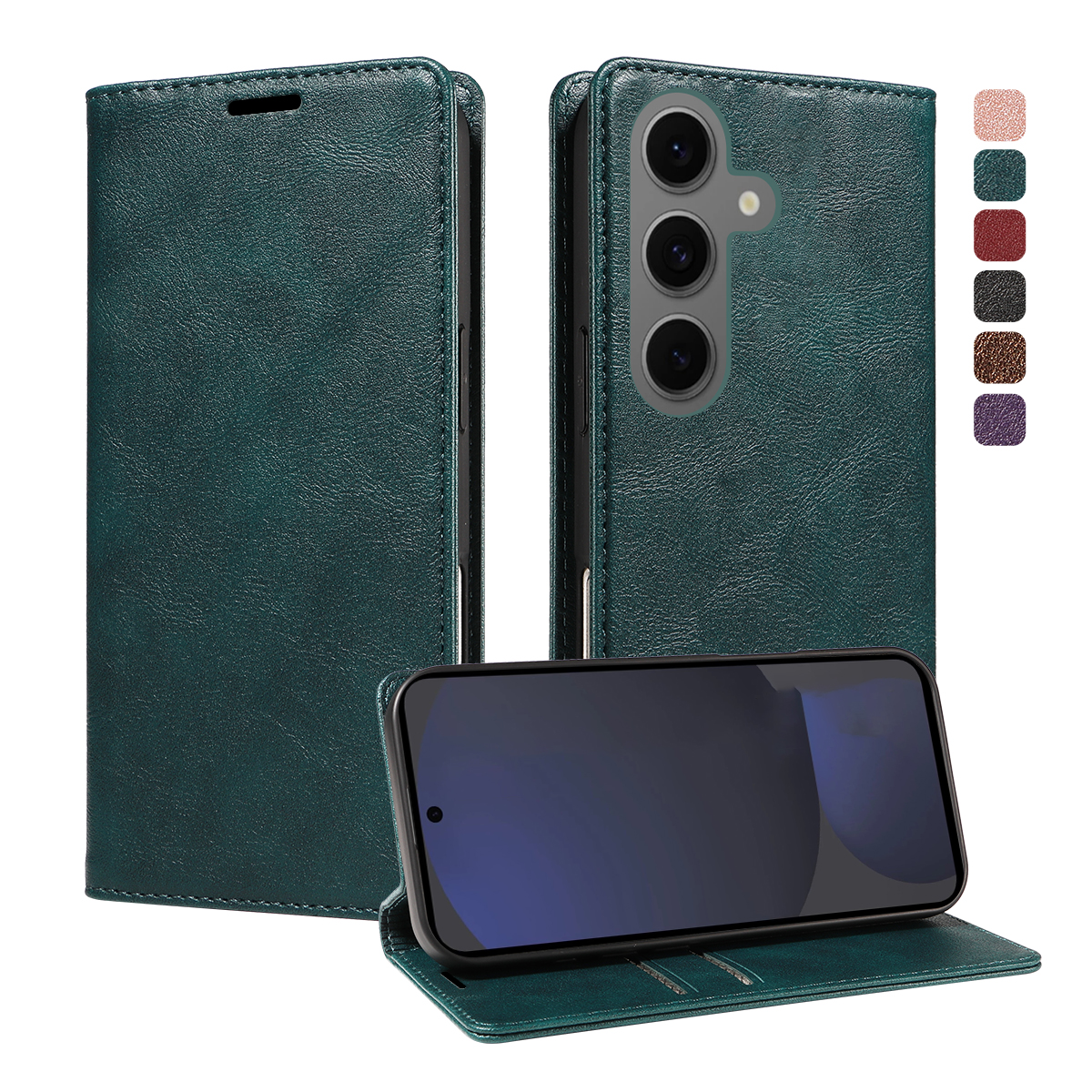 For Samsung Galaxy S25+ Wallet Case RFID Blocking Card Slots Stand Magnetic Closure Leather Phone Cover - Green