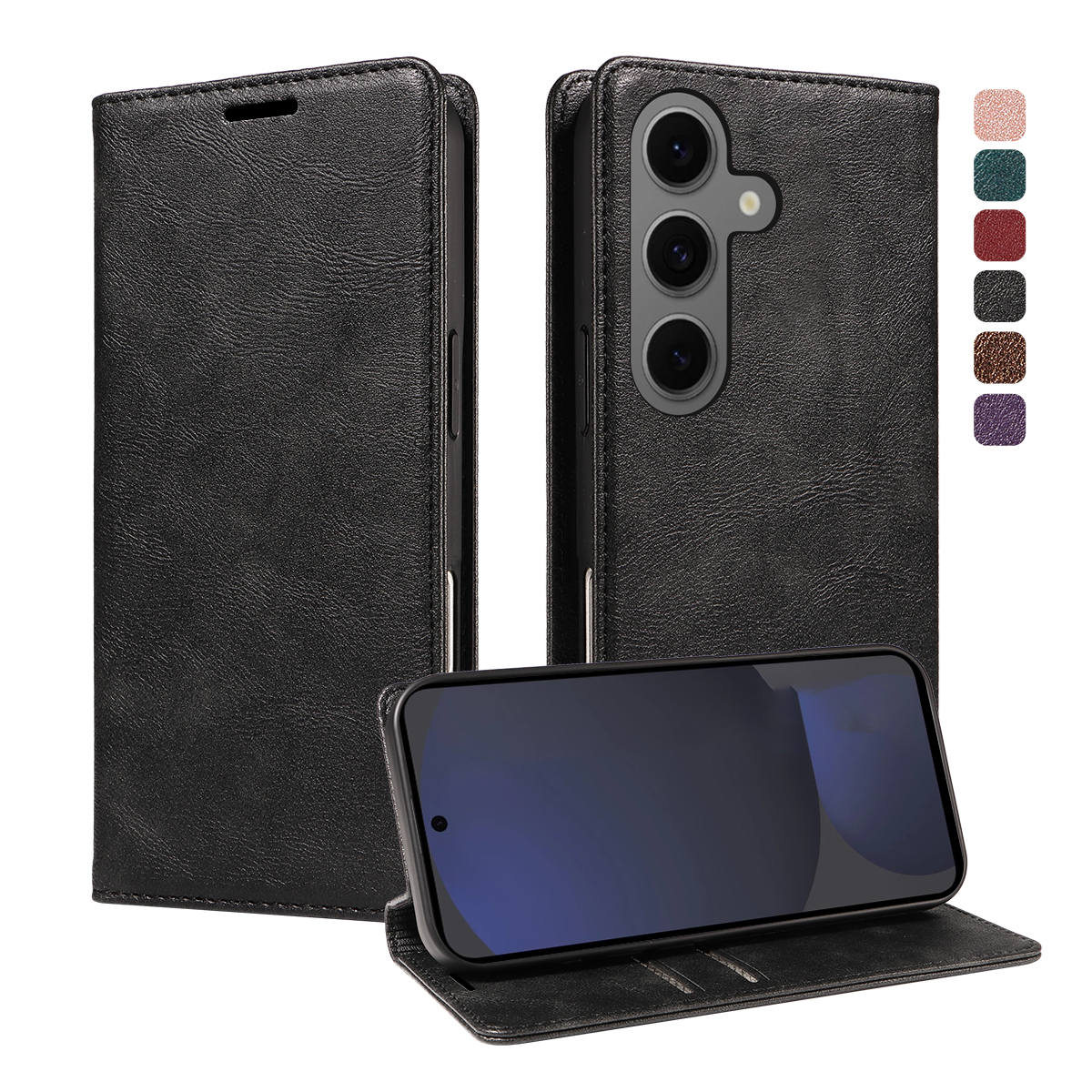 For Samsung Galaxy S25+ Wallet Case RFID Blocking Card Slots Stand Magnetic Closure Leather Phone Cover - Black