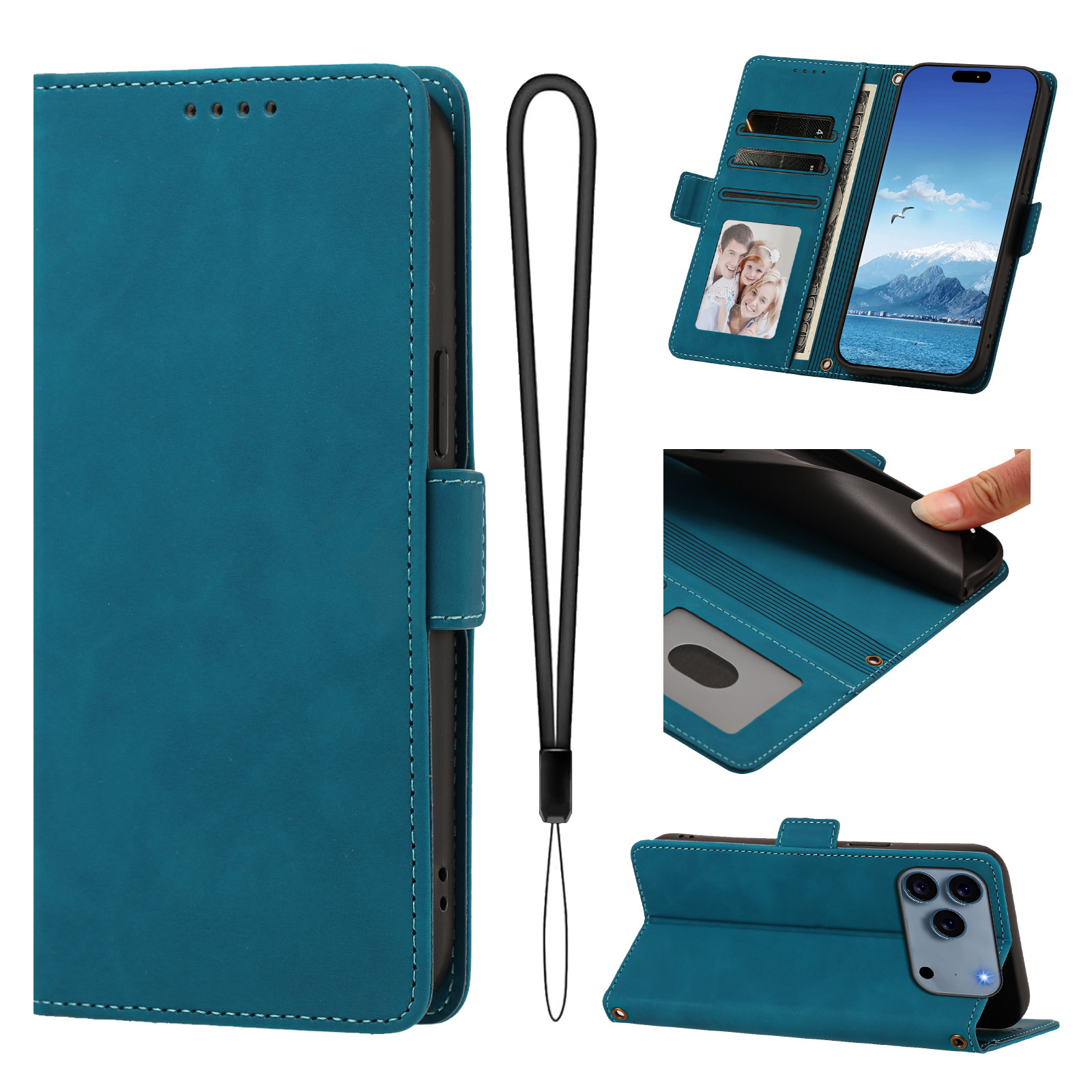 For iPhone 17 Pro / iPhone 18 Pro Case Skin-touch PU Leather Flip Wallet Phone Cover with Wrist Strap - Lake Blue