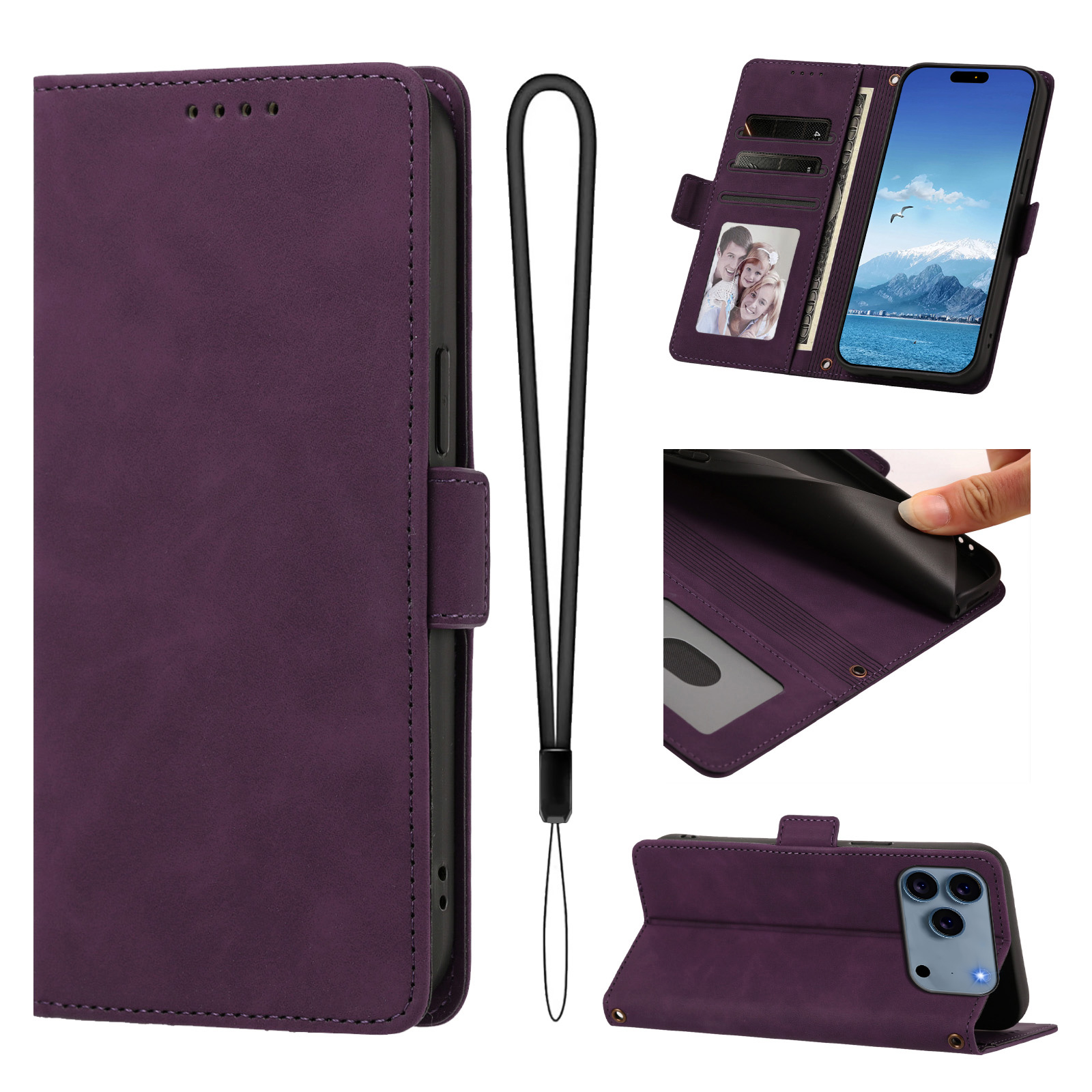 For iPhone 17 Pro / iPhone 18 Pro Case Skin-touch PU Leather Flip Wallet Phone Cover with Wrist Strap - Dark Purple