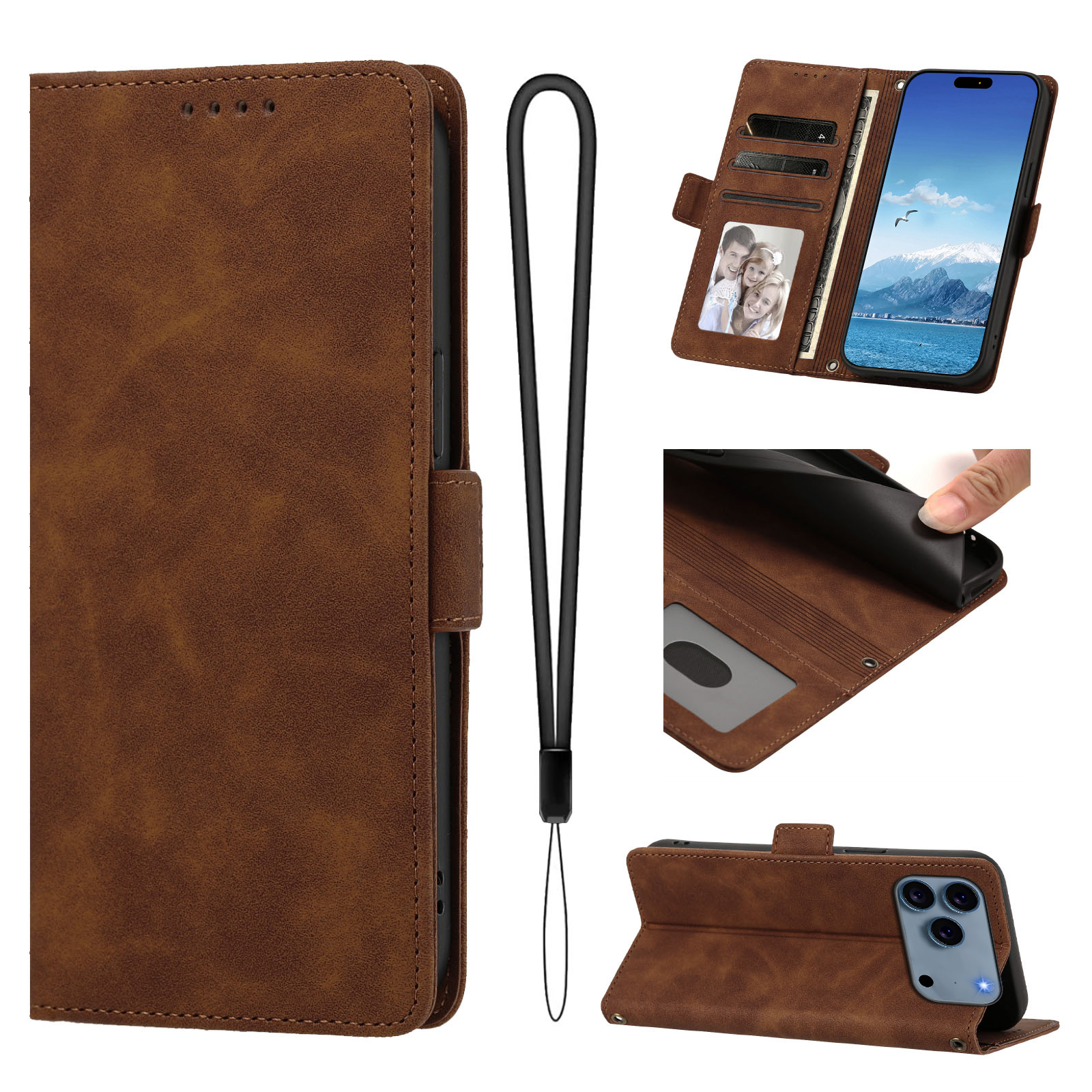 For iPhone 17 Pro / iPhone 18 Pro Case Skin-touch PU Leather Flip Wallet Phone Cover with Wrist Strap - Brown
