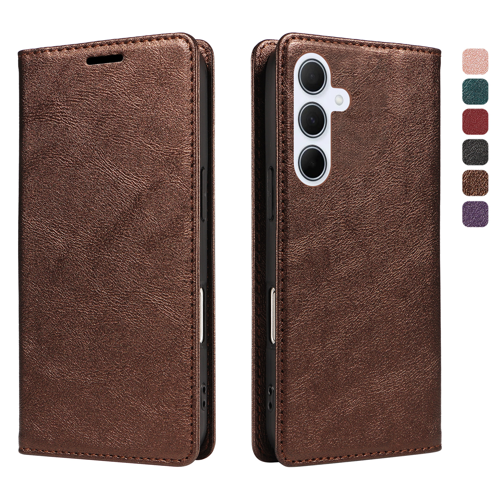 For Samsung Galaxy A55 5G Wallet Case RFID Blocking Card Slots Stand Magnetic Closure Leather Phone Cover - Brown