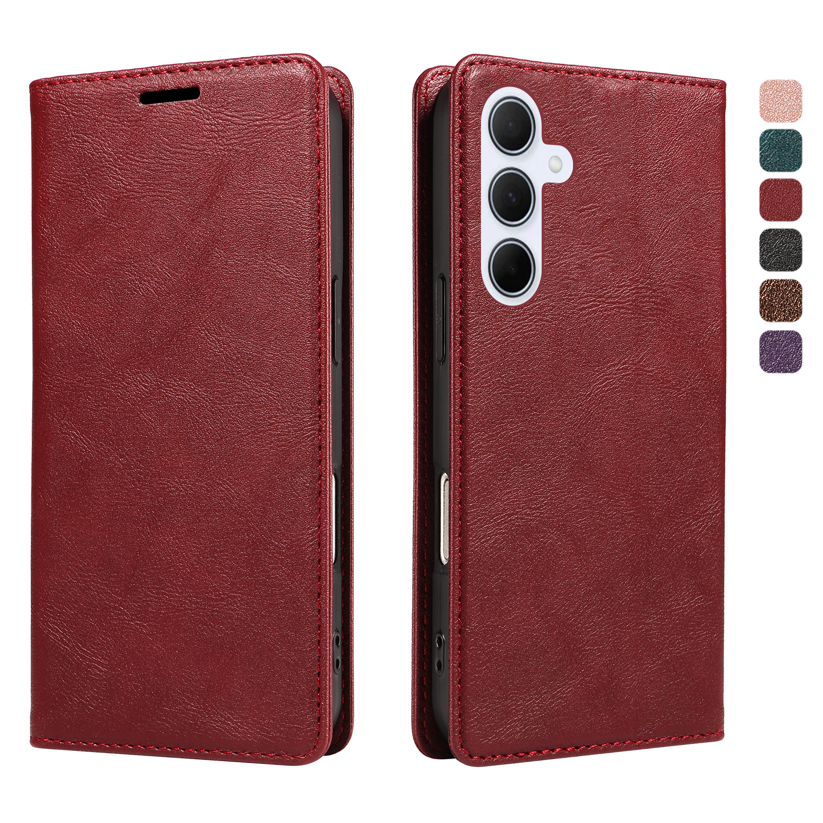 For Samsung Galaxy A55 5G Wallet Case RFID Blocking Card Slots Stand Magnetic Closure Leather Phone Cover - Wine Red