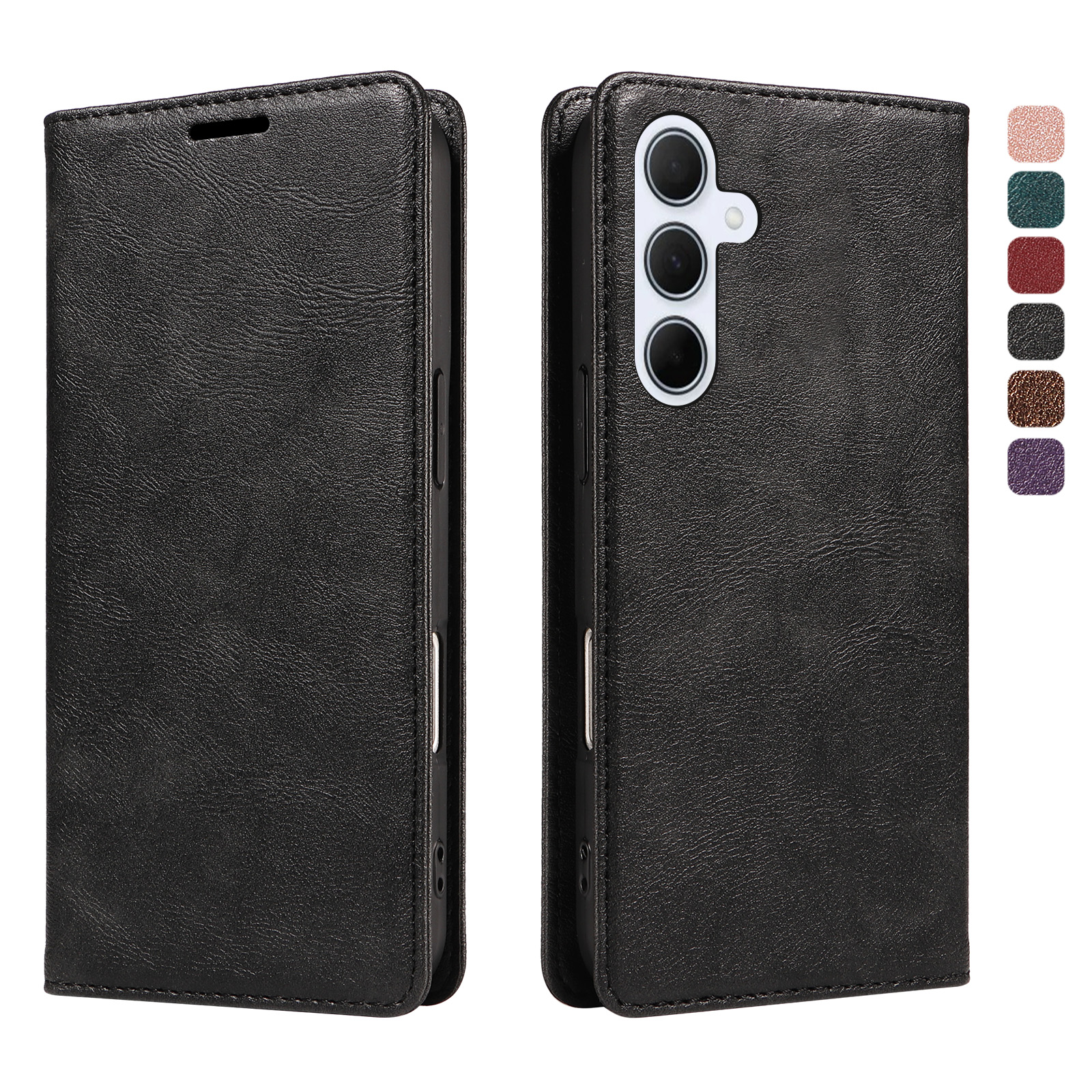 For Samsung Galaxy A55 5G Wallet Case RFID Blocking Card Slots Stand Magnetic Closure Leather Phone Cover - Black