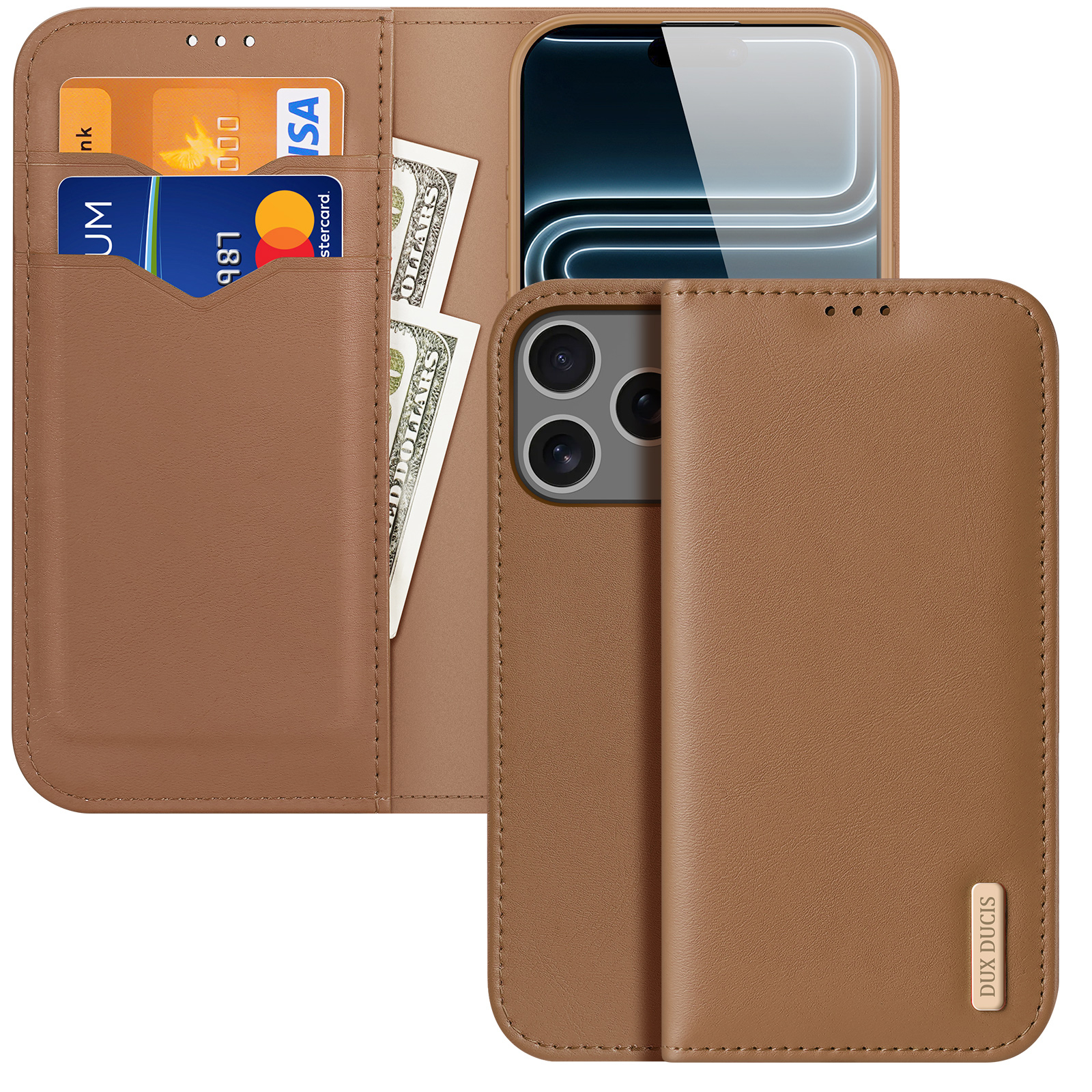 DUX DUCIS for iPhone 18 Pro / 17 Pro Case Hivo Series Cowhide Leather RFID Blocking Wallet Stand Flip Phone Cover - Brown