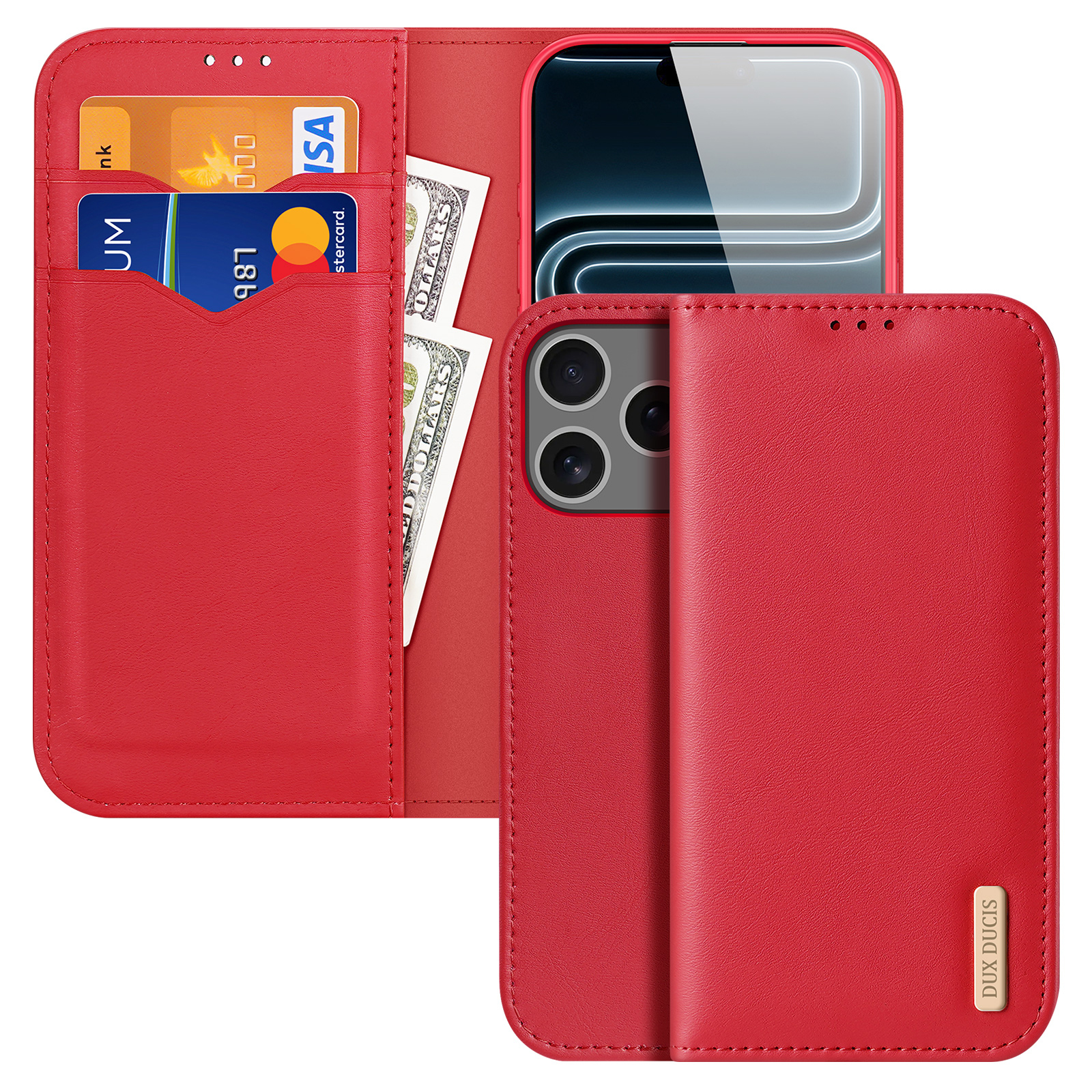 DUX DUCIS for iPhone 18 Pro / 17 Pro Case Hivo Series Cowhide Leather RFID Blocking Wallet Stand Flip Phone Cover - Red